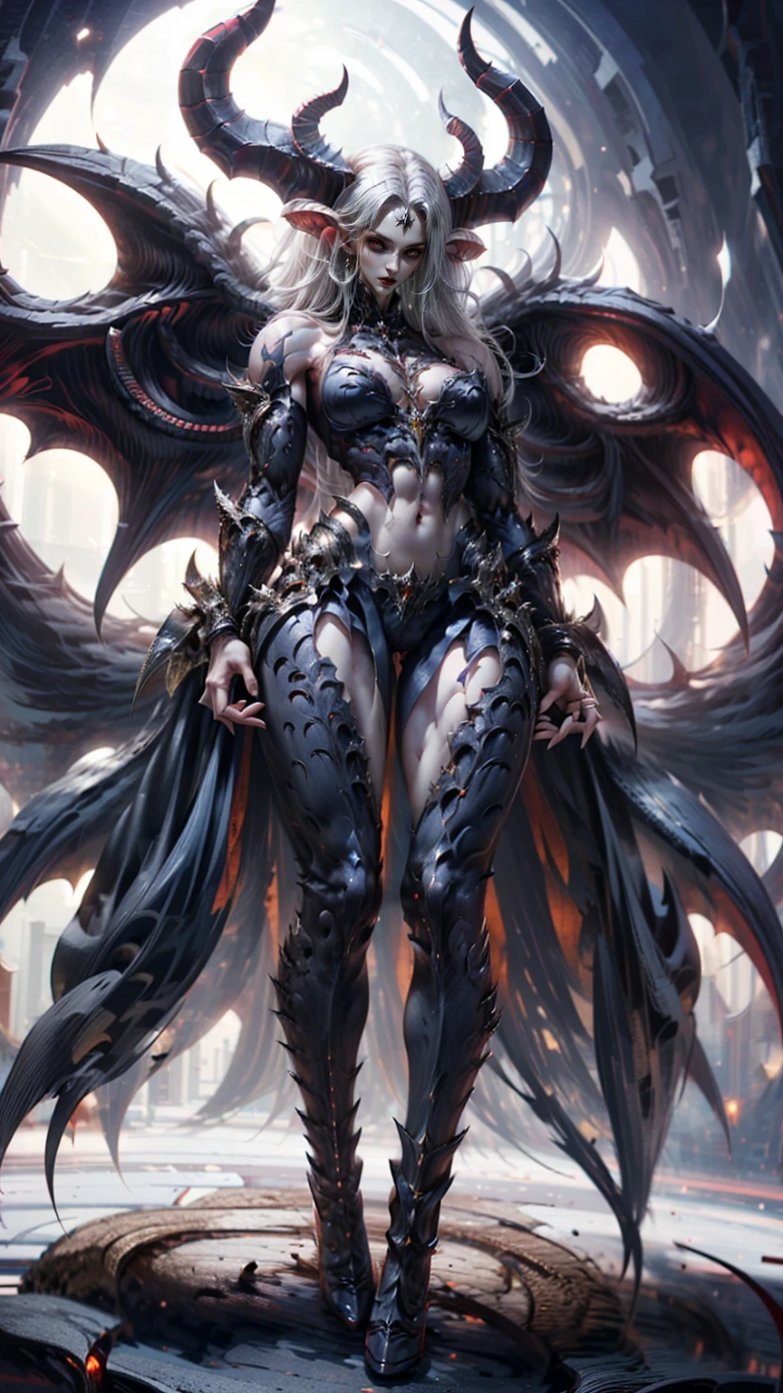 (megan fox), ((((((1 muscular demon girl)))))), (((huge upper body))), long hair, ((((huge demon wings))), (((pale skin))), (((sharp teeth, Huge horns, large nails))), navel, ((((full body front view)))), (((perfect hands, perfect fingers))), (((black empty background)))
