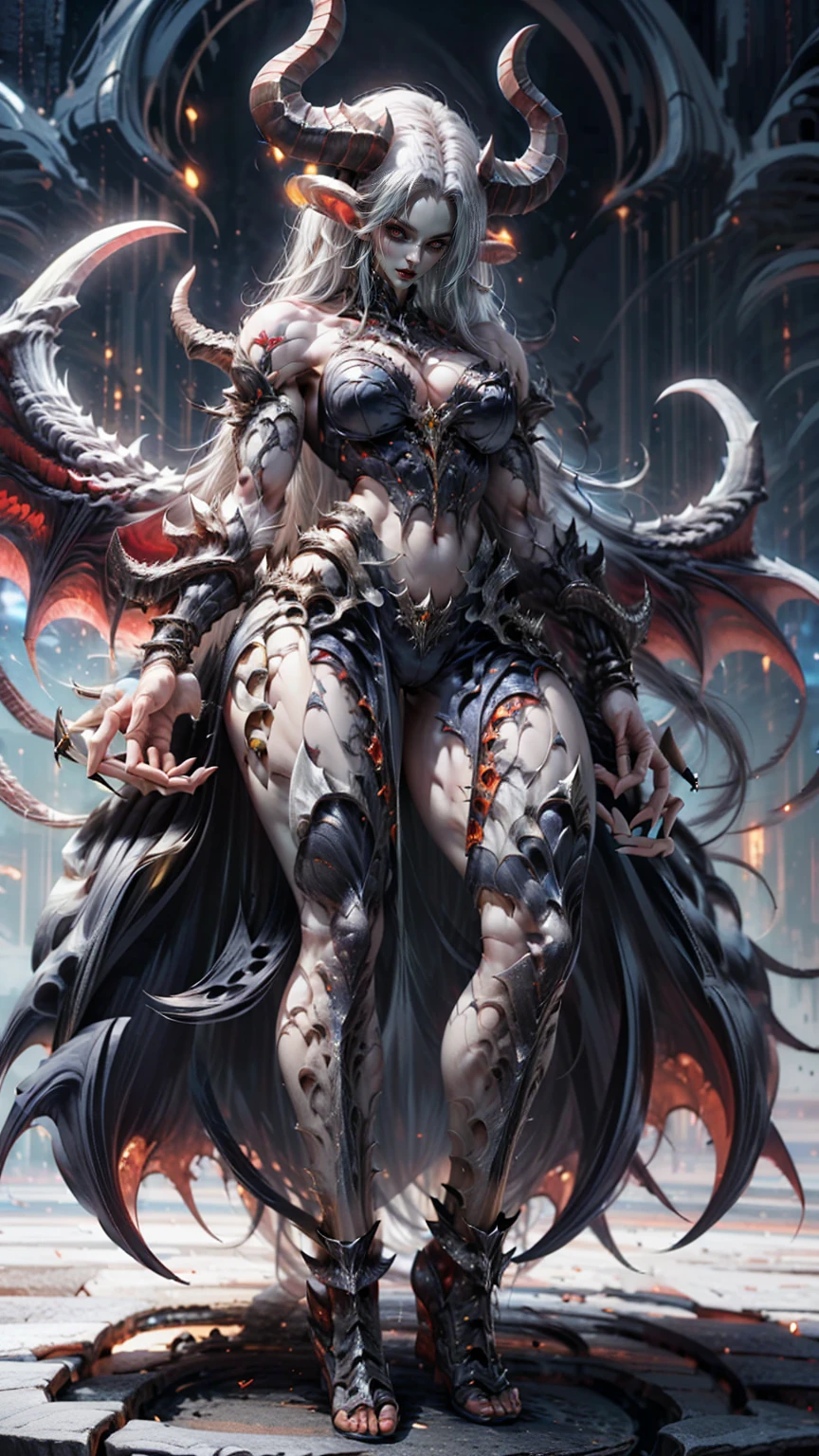 (megan fox), ((((((1 muscular demon girl)))))), (((huge upper body))), long hair, ((((huge demon wings))), (((pale skin))), (((sharp teeth, Huge horns, large nails))), navel, ((((full body front view)))), (((perfect hands, perfect fingers))), (((black empty background)))