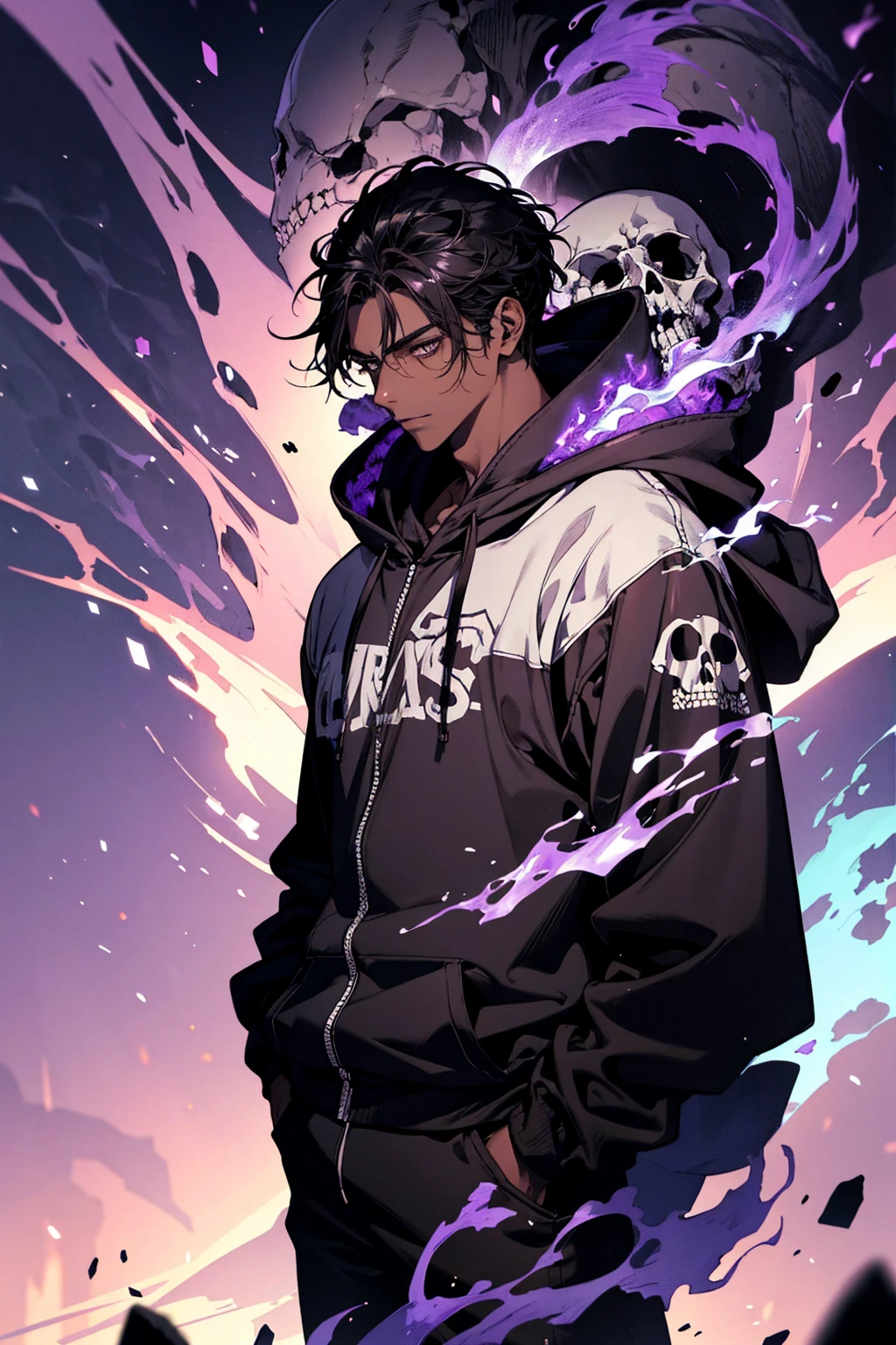 male with bones, looking away from camera, skulls, bones, handsome, black, dark skin, tall, broad shoulders, black hair, purple, purple fire, magic, detailed face, fantasy, hoodie
