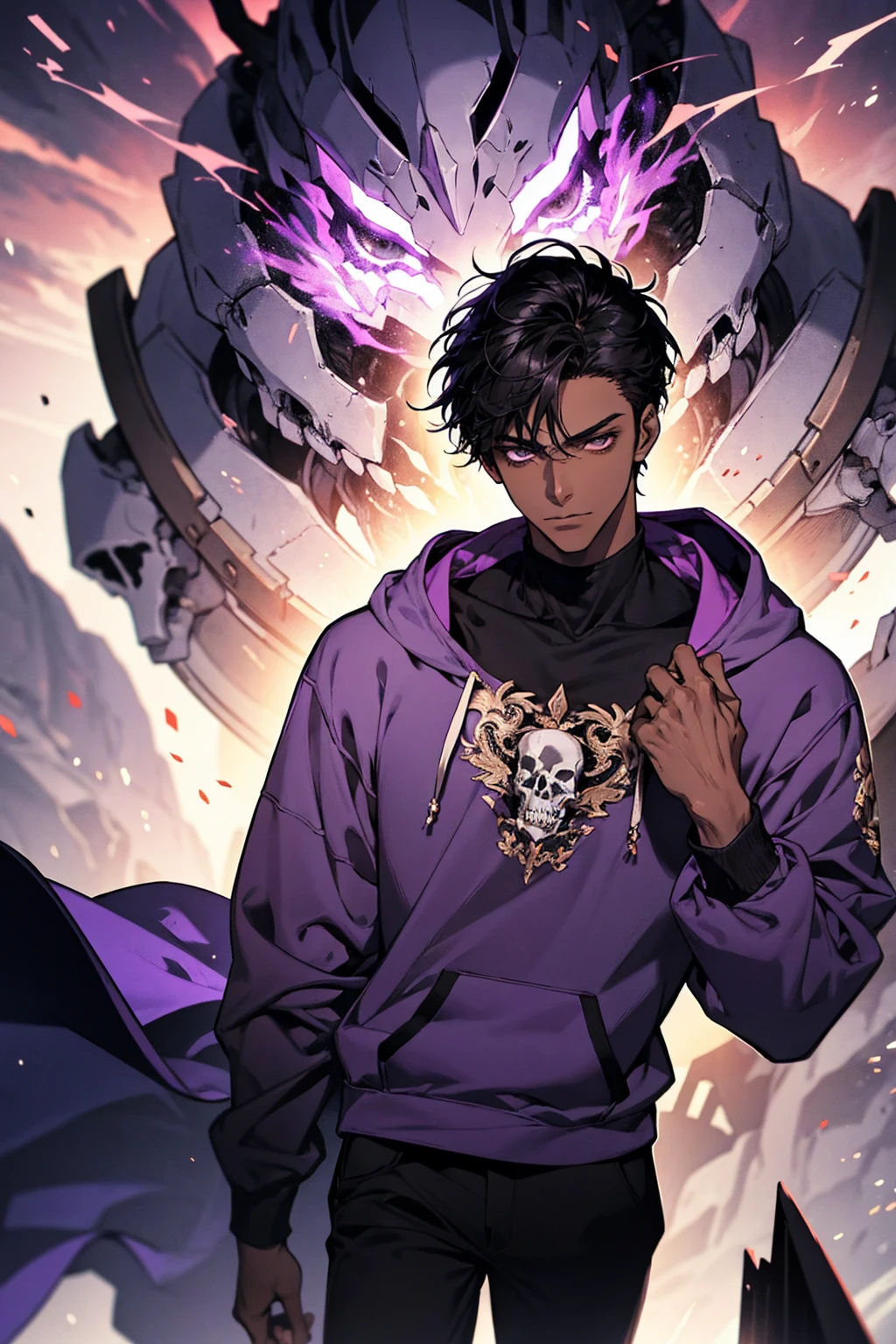 male with bones, looking away from camera, skulls, bones, handsome, black, dark skin, tall, broad shoulders, black hair, purple, purple fire, magic, detailed face, fantasy, hoodie