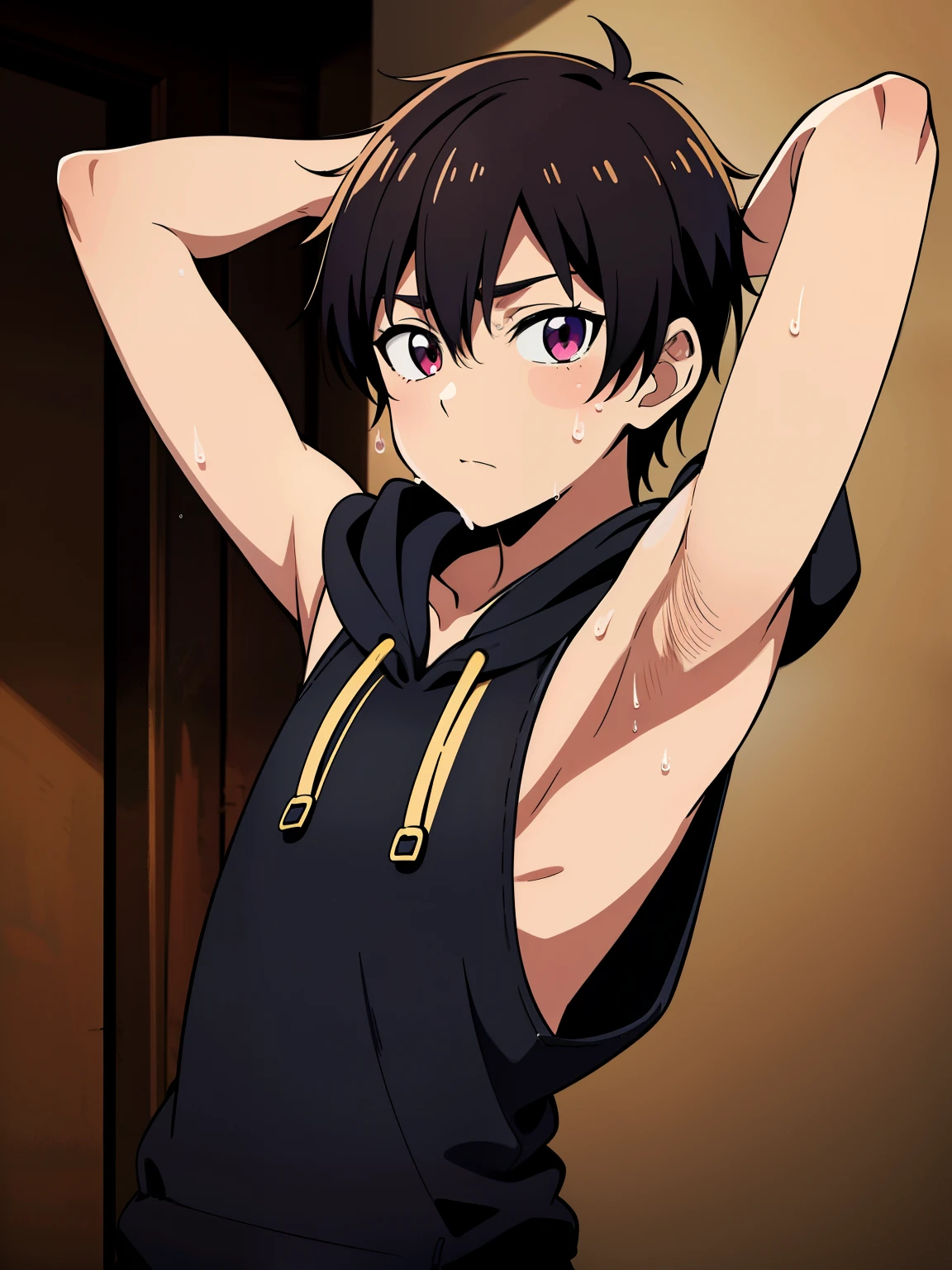 Highres, Masterpiece, Best quality at best,Best Quality,hight quality, hight detailed, Anime style, 1boy, Shota, Black hoodie, Sleeveless hoodie, Seen from the front, look at viewer, (very young boy), (very small and short body), 12-year-old boys, (Showing armpit:1.3), hansome boy, Sweat