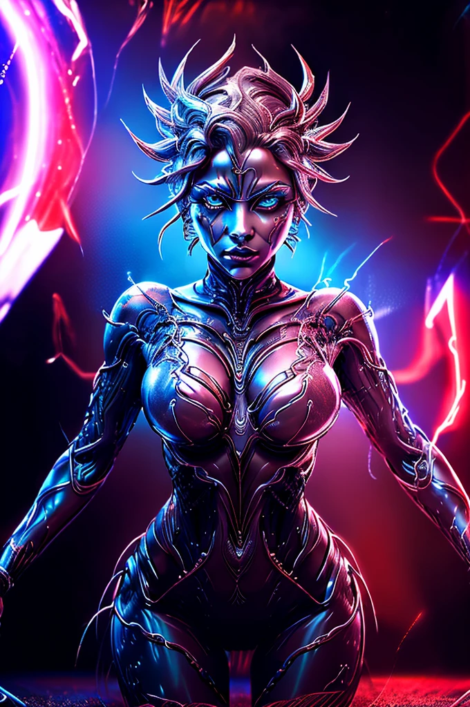 This is an artistic digital illustration portraying the bust of a female figure with cybernetic enhancements and an elaborate mechanical headdress. The figure's facial expression is passive yet intense, with striking red eyes and blue makeup accentuating her features against the contrasting cool metallic tones of the machinery. Rich in detail, the artwork blends organic and mechanical aesthetics, combining smooth human skin with intricate gears, wires, and dripping.