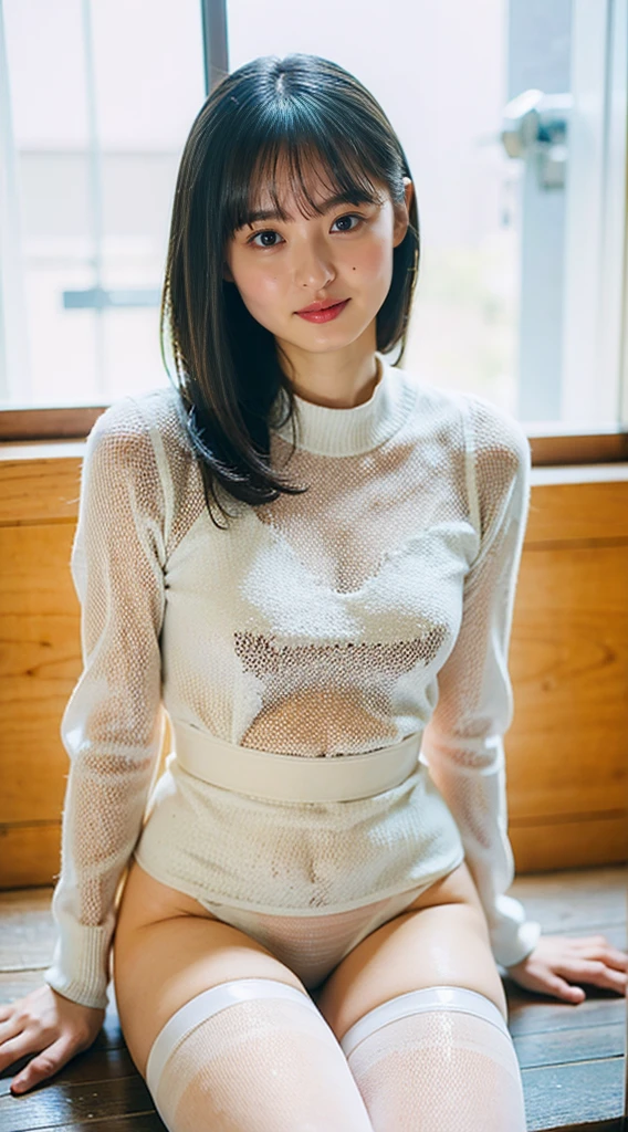masterpiece, highest quality, 4K, Ultra-high resolution, mishoujo, Painting, Beautiful eyes and fine face, figure, Beautiful details, high resolution figure, Shine_white_particle, One girl, Small breasts、Large Breasts、High 、Japanese、Japanese Idols、A kind smile、Fishnet tights