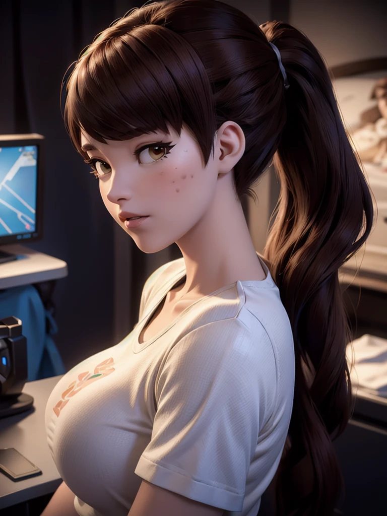 (DVA from Overwatch) without mech, a beautiful woman with short brown hair in a (ponytail), high quality refelctions, volumetric lighting, wearing a (plain white t-shirt), in her bedroom on her bed, 1 girl solo, cinematic lighting, high resolution, physically-based rendering, extremely detailed, 8k, volumetric lighting, hyperrealistic, detailed facial features, masterpiece, intricate details, full upper body, gaming setup in background, cinematic, you can see the fabric of the shirt and the knits very detailed, small breasts, nsfw