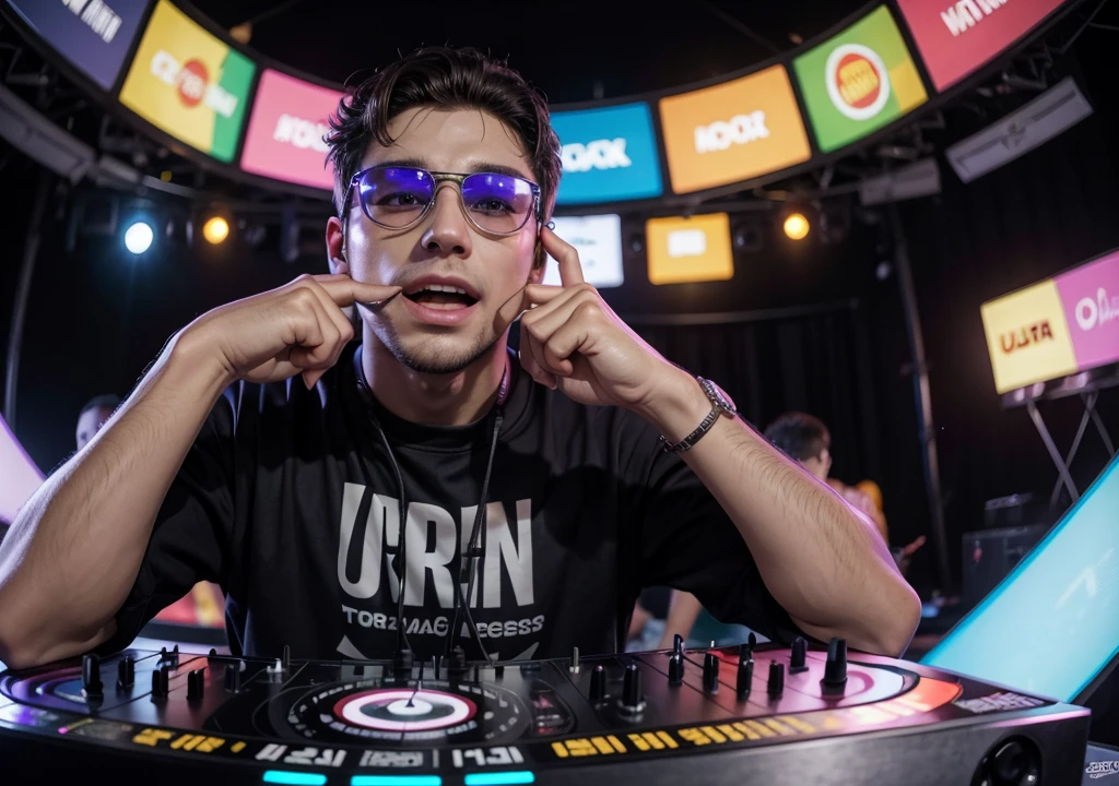 Homem, Dj de 25 anos, com fone de ouvido grande, oculos grandes, colocando som em uma festa rave, ultrarealista