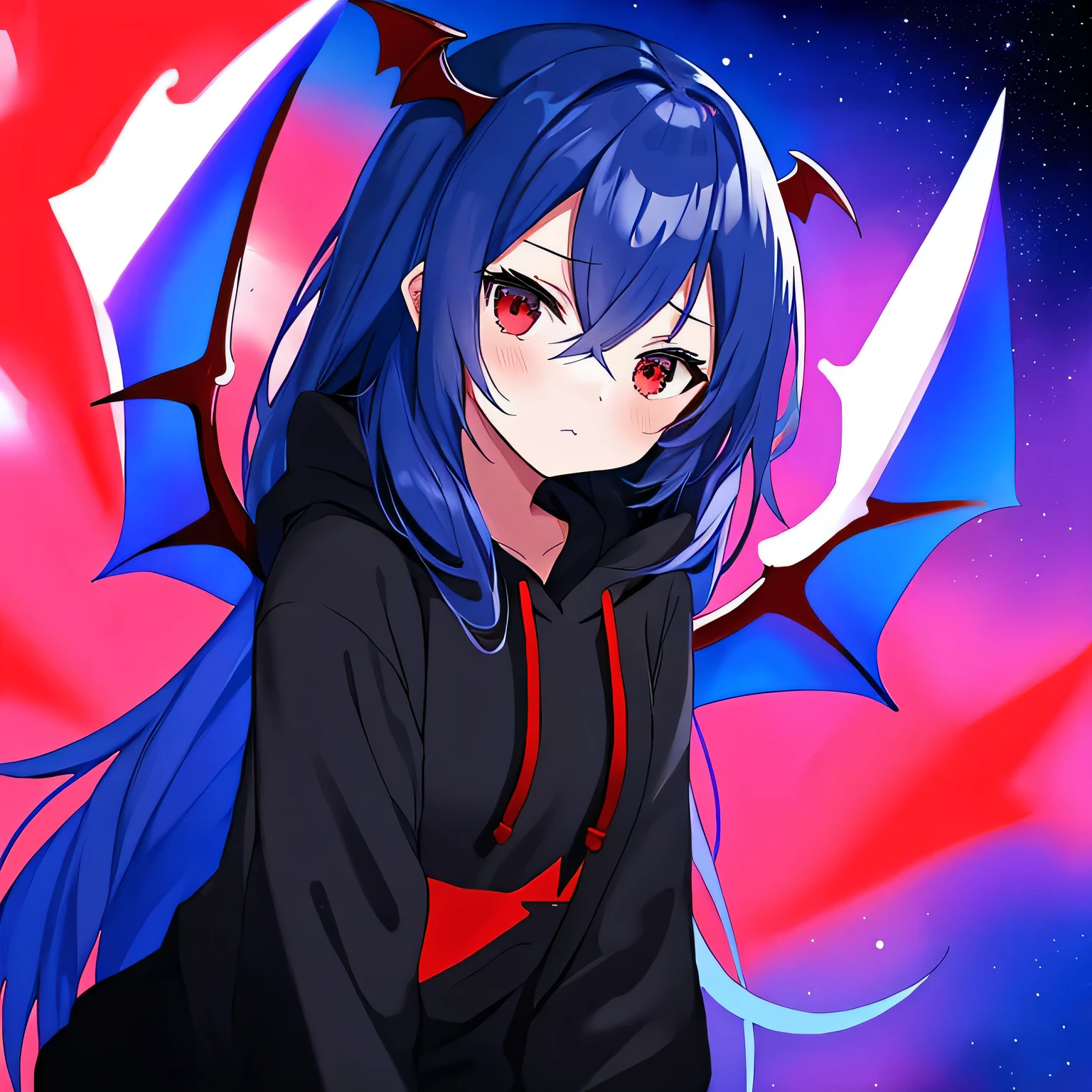 1girl, black hoodie, Masterpiece, high resolution, anime style beautiful girl, cobalt blue hair, vampire, wings, red eyes, nighttime, blue moon, galaxy background, vampire, sad face