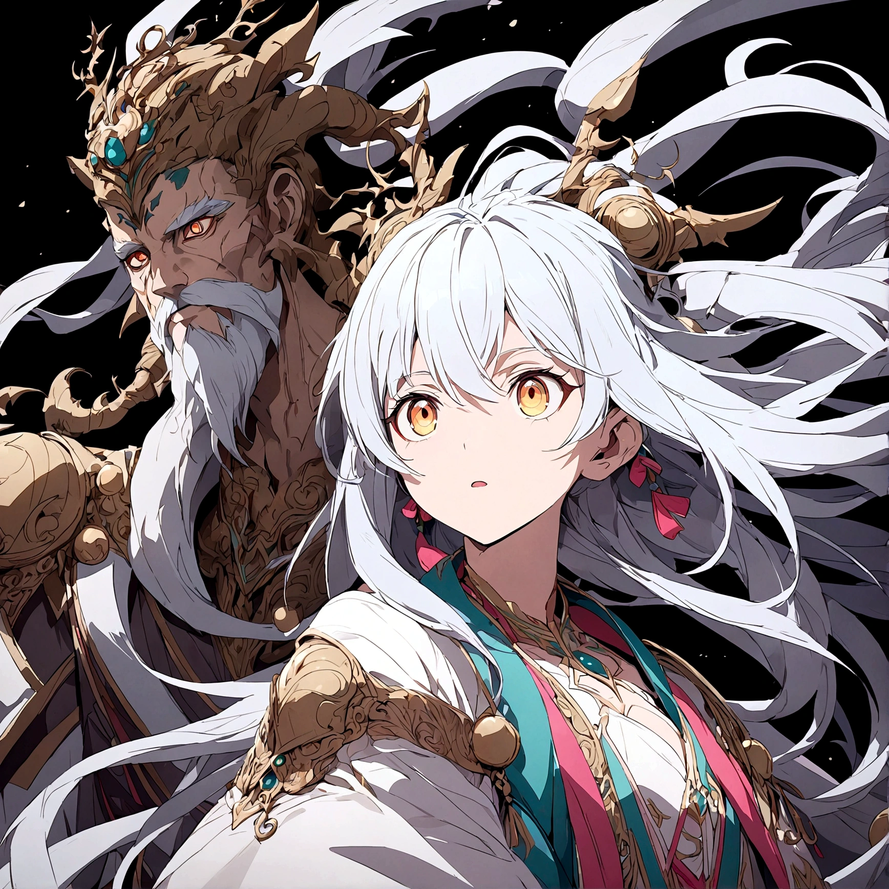 a powerful primordial god with a white beard standing beside a primordial goddess, black background, anime style, detailed face, detailed clothing, intricate details, complex composition, refined textures, vibrant colors, masterful rendering, 8k, best quality