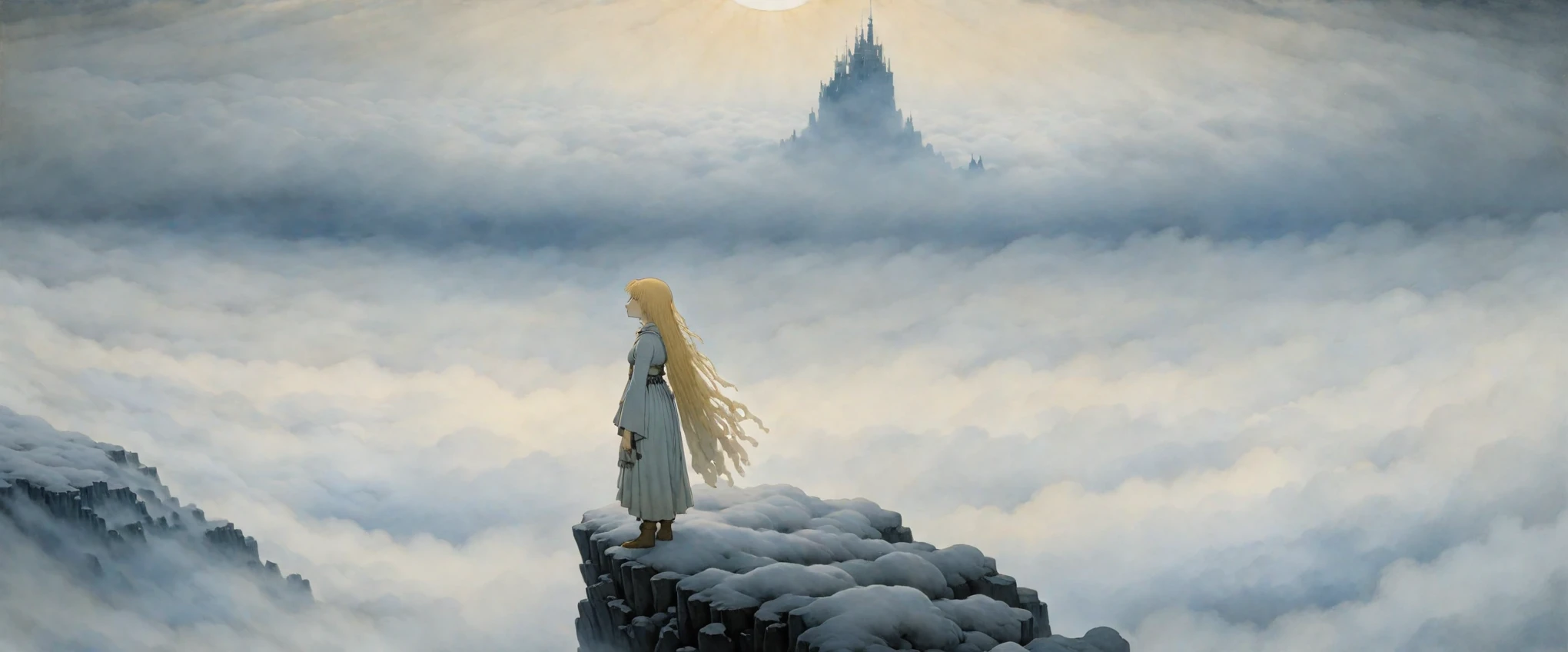 A modernist painting of an anime girl with the feeling of "Wanderer above the Sea of Fog" by Caspar David Friedrich painted by John Bauer