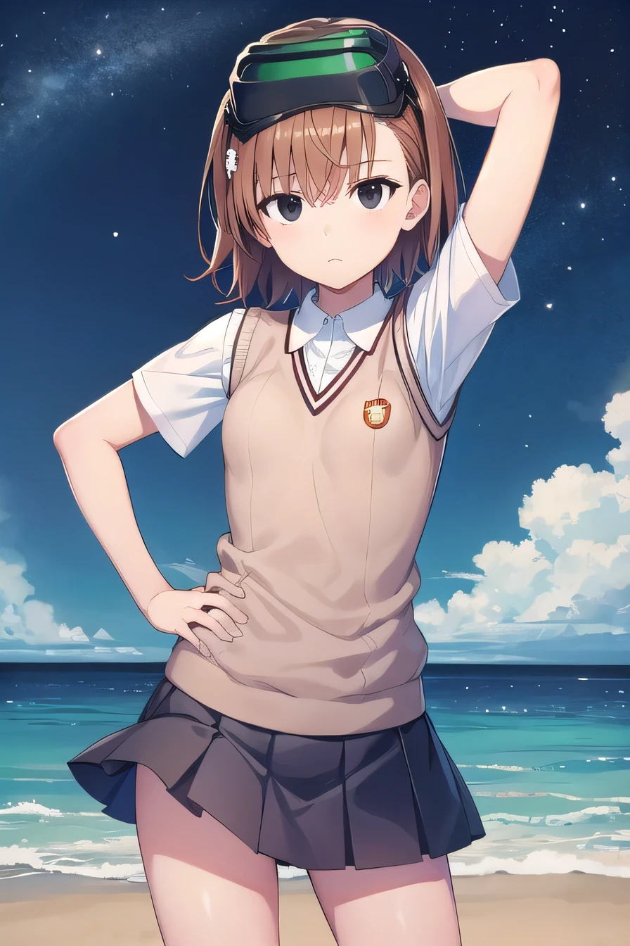 cover, short hair, brown hair, black eyes, empty eyes, goggles, goggles on head, head-mounted display, , sweater vest, shirt, skirt, white shirt, pleated skirt, v-neck, short sleeves, tokiwadai , misaka imouto,  solo, night sky, beach, arm behind head, hand on hip, contrapposto, spread armpits, closed mouth, (cowboy shot:1.5), looking at viewer,