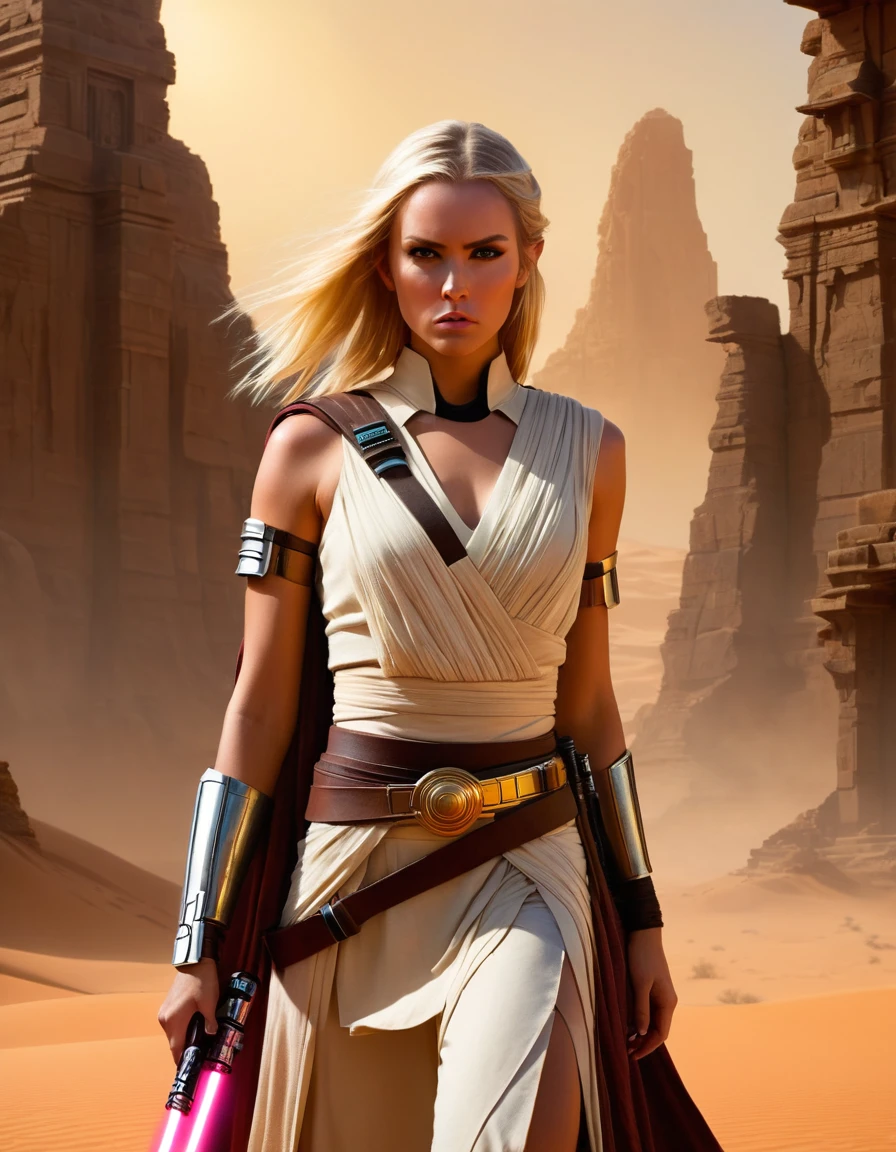 very attractive 25 year old with long platinum blonde hair . "Create an ultra-realistic and highly detailed photograph of a Jedi warrior, captured in the style of photographer Greg Rutkowski. The portrait frames the Jedi from the waist up, showcasing her fierce and determined pose amidst the desert landscape and ancient temple ruins.

The Jedi, with her straight platinum blonde hair, exudes a sense of fierce determination. Her eyes, a piercing yellow, glint with an intense ferocity, and her fair skin with freckles is accentuated by black markings around each eye, giving her a warrior-like appearance.

Dressed in a Jedi outfit made of black leather with intricate pink details, she stands with a stance of a warrior, ready for battle. Her black leather belt, adorned with small pouches and compartments, holds her lightsaber with a golden hilt and a crimson blade, emitting a vibrant red glow that reflects the fire in her eyes.

The background of the portrait is a desert landscape with ancient temple ruins in stone, blurred to create a sense of urgency and focus on the Jedi warrior herself. The sandy hues of the desert contrast with the dark ruins, adding to the intensity of the scene.

Greg Rutkowski's signature style of photography captures every detail of the Jedi's fierce pose, from the taut muscles in her arms to the determined set of her jaw. The result is a stunningly realistic portrait that invites the viewer to feel the power and determination radiating from the Jedi warrior.

This ultra-realistic illustration brings to life the essence of a Jedi warrior, standing raucously amidst the desolate beauty of the desert, ready to unleash her fury upon any who dare to challenge her."to life the essence of a young Jedi, standing strong and resolute amidst the desolate beauty of the desert, ready to face whatever challenges the galaxy may throw her way."