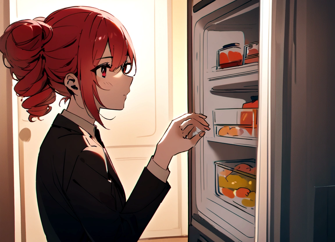 Red hair、Black Suit、Open the empty refrigerator at home