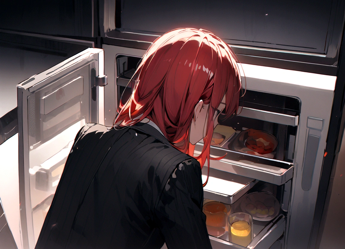 Red hair、Black Suit、Open the empty refrigerator at home