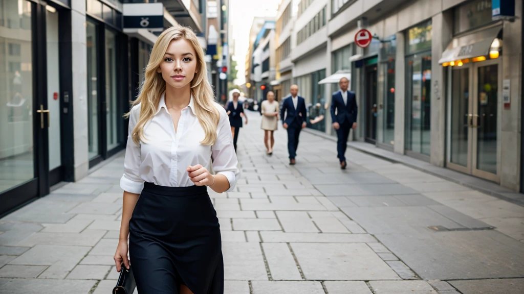Beautiful blonde woman walking the streets, well dressed, going to a job interview, blur background, realistic image