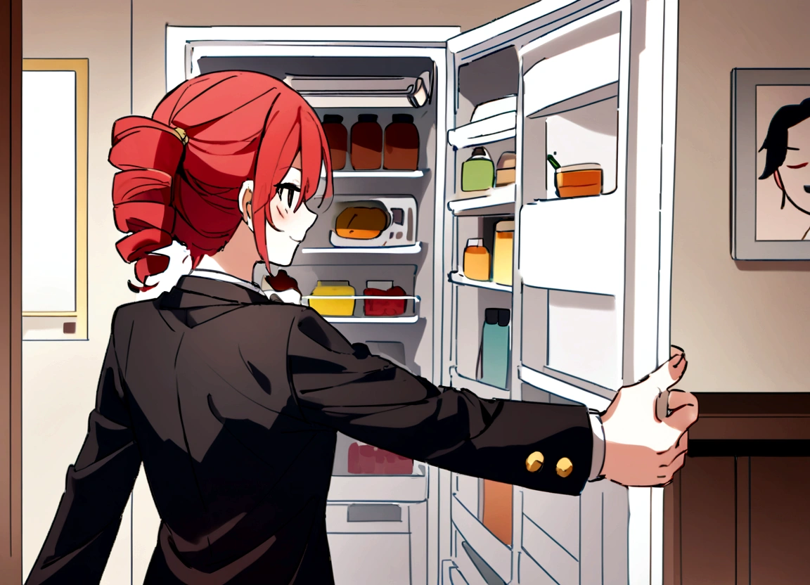 Red hair、Black Suit、Open the empty refrigerator at home