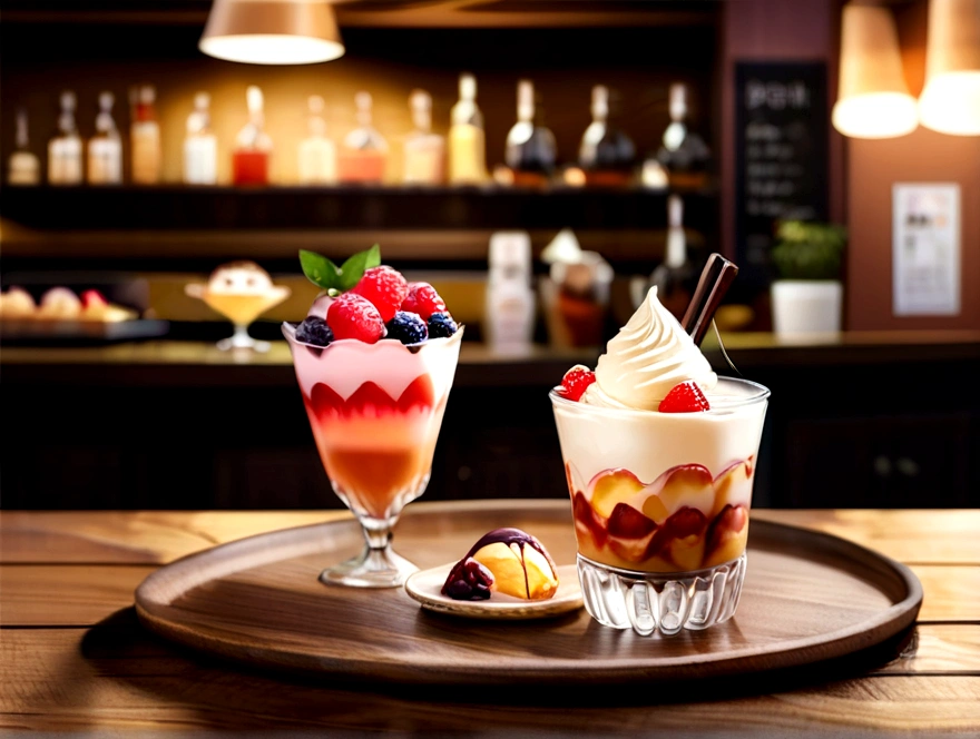 Image conditions：Ultra-Realistic, Professional photos, 4K, High resolution, Shallow depth of field food style：5 star restaurant menu, Very detailed, High aesthetic sense production：Summer dessert container with vanilla ice cream decorated with assorted berries：transparency、Highly reflective and stylish glass cup：Calm café, On an antique wooden table