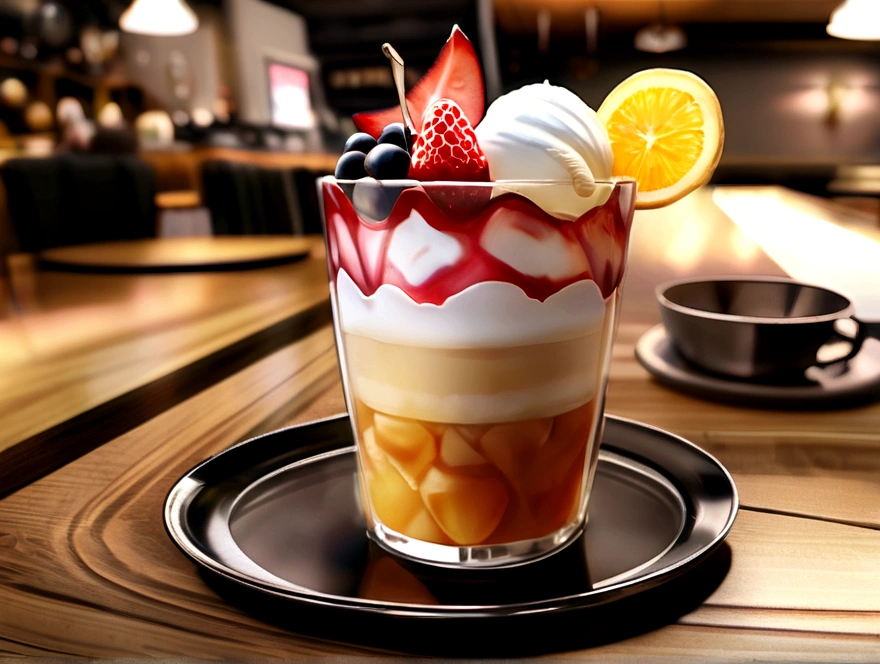 Image conditions：Ultra-Realistic, Professional photos, 4K, High resolution, Shallow depth of field food style：5 star restaurant menu, Very detailed, High aesthetic sense production：Summer dessert container with vanilla ice cream decorated with assorted berries：transparency、Highly reflective and stylish glass cup：Calm café, On an antique wooden table