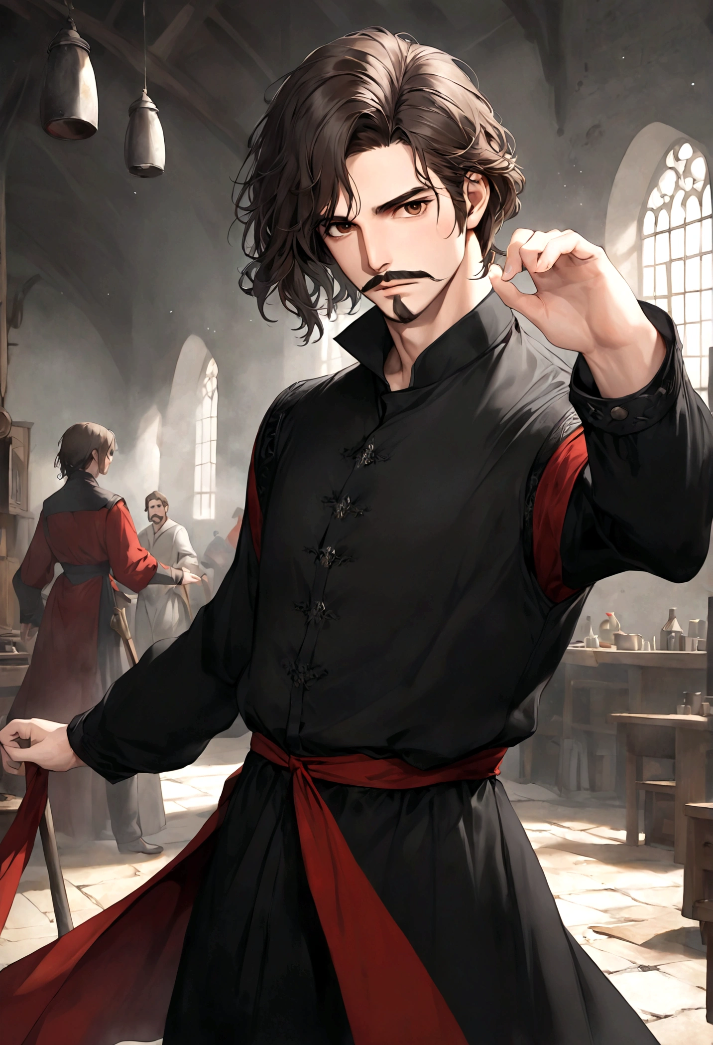 (tunic with red and black colors for men), ), ((bigote estilo Van Dyke y (barba de chivo) "Van Dyke", Van Dyke beard)), (light brown eyes), Aspecto atractivo y serio, ((cabello muy largo oscuro, messy hair)), Elegante y con estilo, magician style tunic, Un hombre similar al actor Jim Morrison con el cabello largo, ((cabello muy largo)), (Imagen realista y de alta calidad), laboratorio medieval, ((La mejor calidad, 8K, obra maestra).((dynamic pose with forward gaze, viendo al espectador)), (cabello largo pasando los hombros)