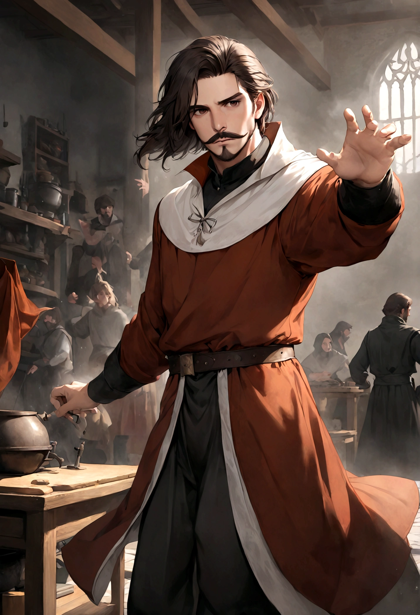 (tunic with red and black colors for men), ), ((bigote estilo Van Dyke y (barba de chivo) "Van Dyke", Van Dyke beard)), (light brown eyes), Aspecto atractivo y serio, ((cabello muy largo oscuro, messy hair)), Elegante y con estilo, magician style tunic, Un hombre similar al actor Jim Morrison con el cabello largo, ((cabello muy largo)), (Imagen realista y de alta calidad), laboratorio medieval, ((La mejor calidad, 8K, obra maestra).((dynamic pose with forward gaze, viendo al espectador)), (cabello largo pasando los hombros)