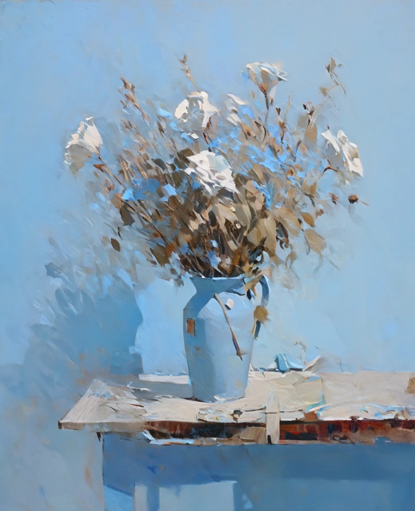 Withered bouquet,Placed on the desk,Pale blue,oil