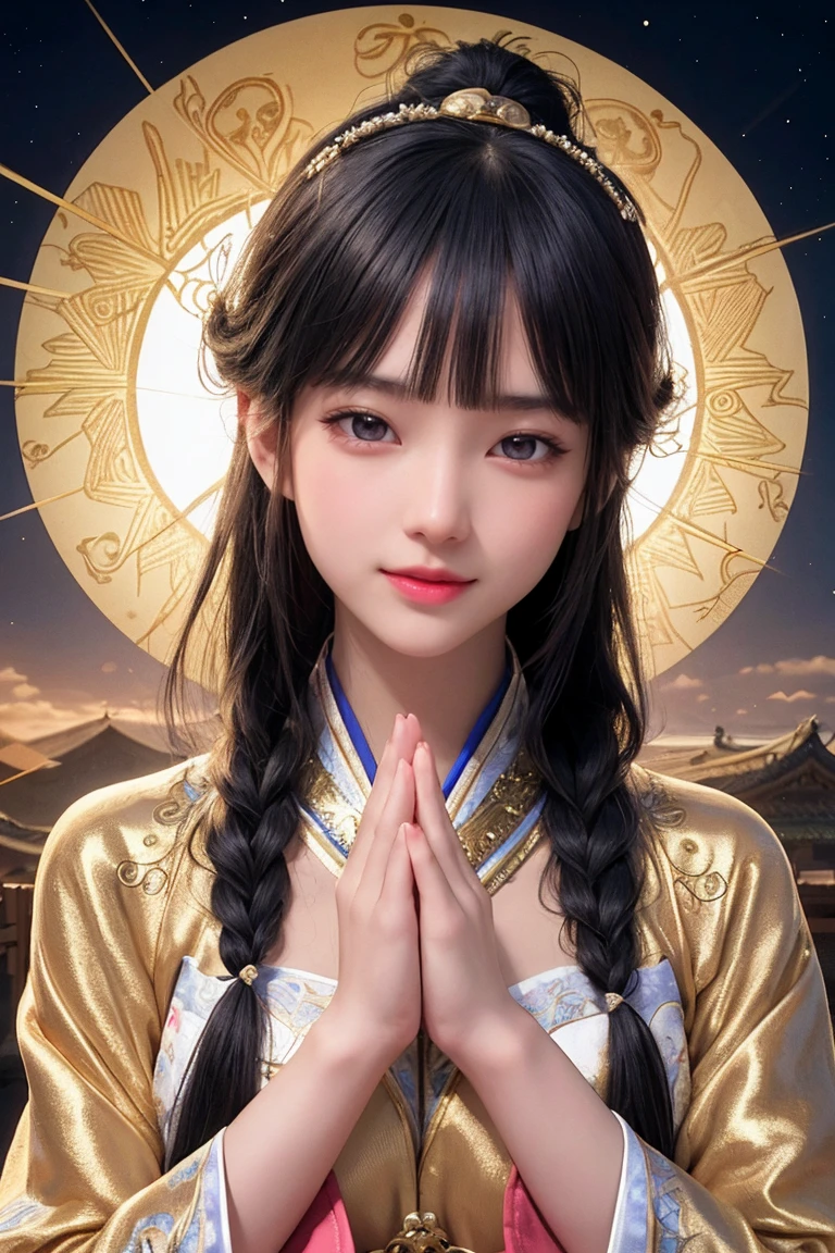Frontal close-up of the face，fortune teller、prayer、 Background gold、Ultra-fine face，woman， Chinese style， Ancient Wind，Hanfu， Upper Body Pose， Long black hair， Delicate clothing patterns， Grace， nice， Grace， smile， ribbon，Sense of brokenness， it is， bubble， Double up braid， Hairline， Diagonal bangs， hair band， hair ornaments，Sparkling， Cinema Lighting， Hyper HD， High resolution， 最high quality， 8k， High detail， high quality， Super detailed， Anatomically correct， masterpiece， Accurate，plump，Landscape painting，screen