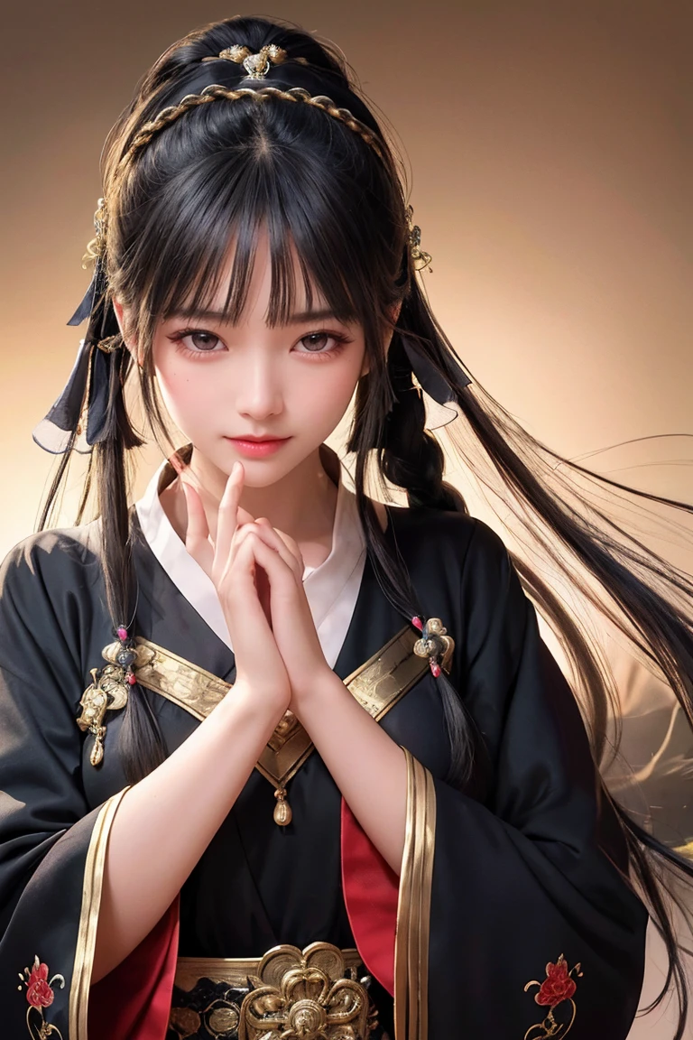 Frontal close-up of the face,fortune teller、prayer、 Background gold、Ultra-fine face,woman, Chinese style, Ancient Wind,Hanfu, Upper Body Pose, Long black hair, Delicate clothing patterns, Grace, nice, Grace, smile, ribbon,Sense of brokenness, it is, bubble, Double up braid, Hairline, Diagonal bangs, hair band, hair ornaments,Sparkling, Cinema Lighting, Hyper HD, High resolution, 最high quality, 8k, High detail, high quality, Super detailed, Anatomically correct, masterpiece, Accurate,plump,Landscape painting,screen