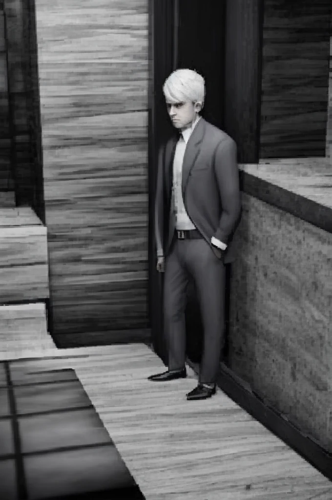 1man, alone, business suit, neat white hair cut, blurryface, blurred face, plain patterns, monochromatic, black and white, shades of grey, shades of gray, old manor background, mansion interior, old playstation style game, lorelei and the laser eyes style, game style, vintage