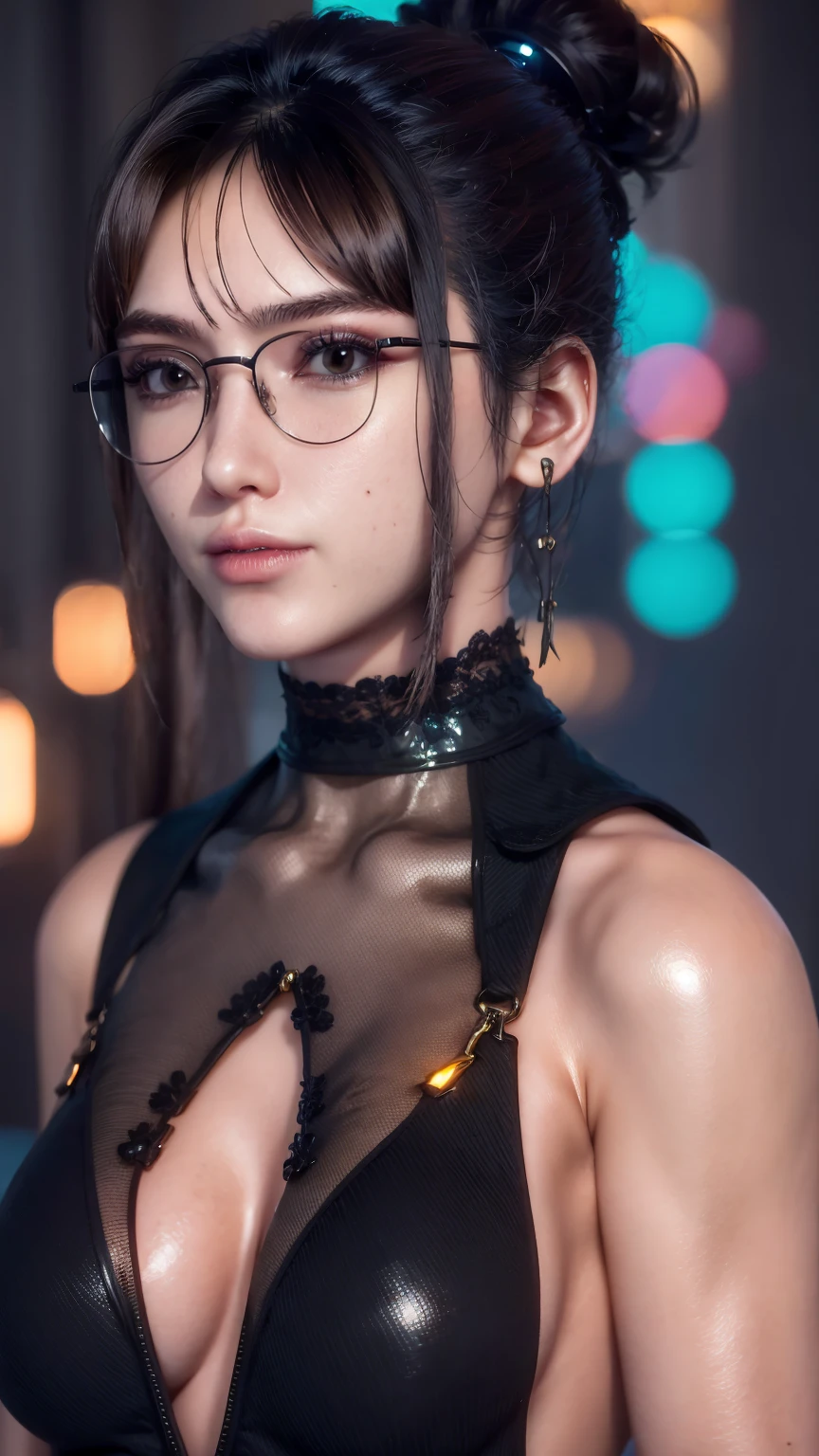 Masterpiece, portrait face, eve, stellar blade, fringe hair , ponytail hair,  black turtleneck shirt,  oiled skin , wet hair, posing , (light brown eyes), (medium closed smile), ((blushing cheeks)), woman looking camera, Woman with rectangular magnifying glasses with red frames, pink eyelid makeup, cinematic photo 8k, hdr, dark photo, color grading, cyberpunk bedroom, neon lighting,