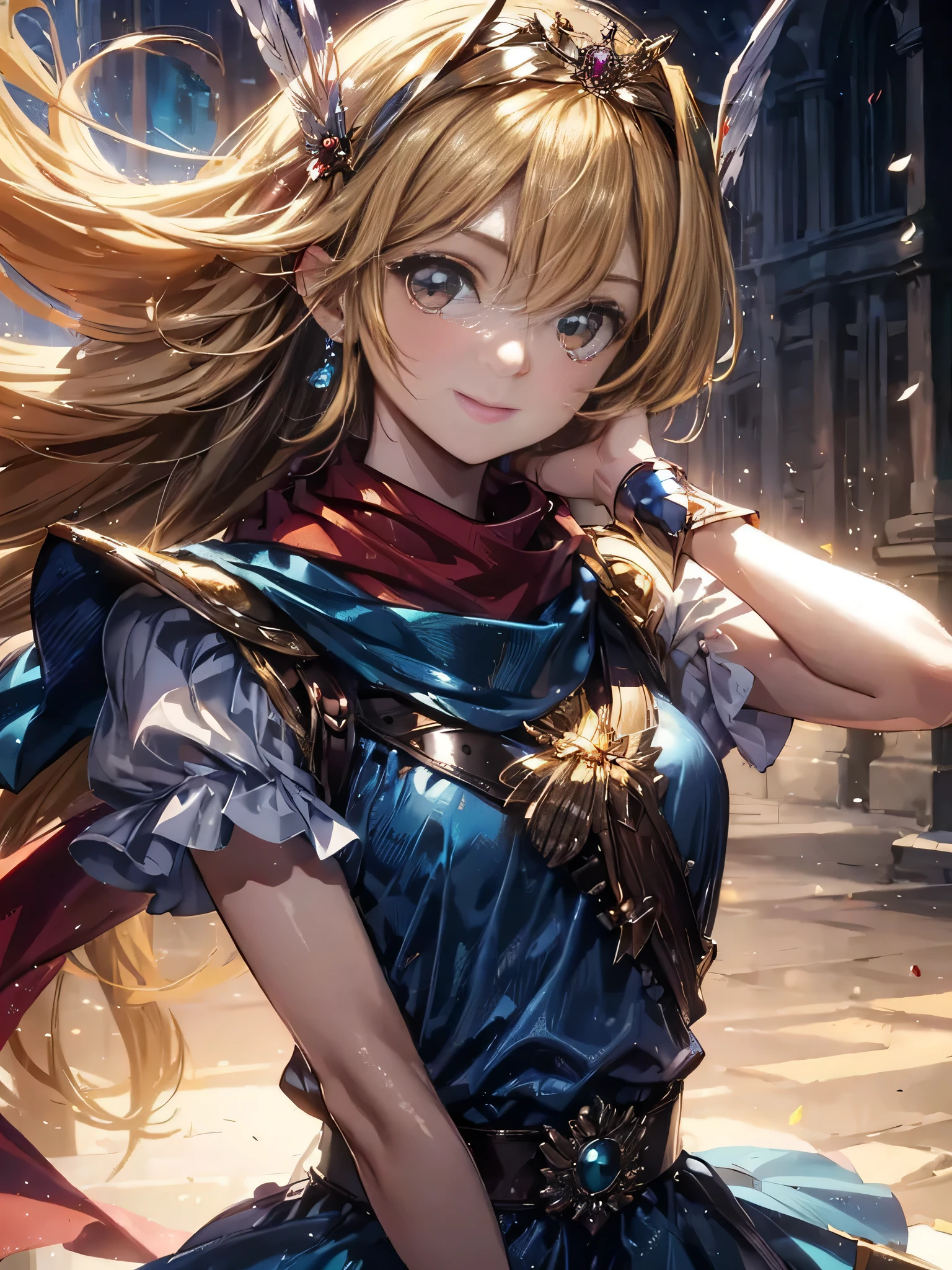 masterpiece、1 beautiful girl、fine eyes、smile,puffy eyes、highest quality, 超High resolution, (reality: 1.4), movie lighting、super beautiful、beautiful skin、body facing forward、Upper body,close up of face,(Ultra-realistic)、(High resolution)、(8k)、(very detailed)、(Beautiful and fine eyes)、(Super detailed)、 (wall-)、detailed face、bright lighting、professional lighting、looking at the viewer、look straight ahead、slanted bangs、perfect cosplay, highest quality,super detailed,1 girl,alone,magical princess,blonde hair,blue clothes,blue skirt,brown eyes,feather hair band,long hair,pauldron,boots,red scarf,tiara,white shoes, flower field background,prepare a bow