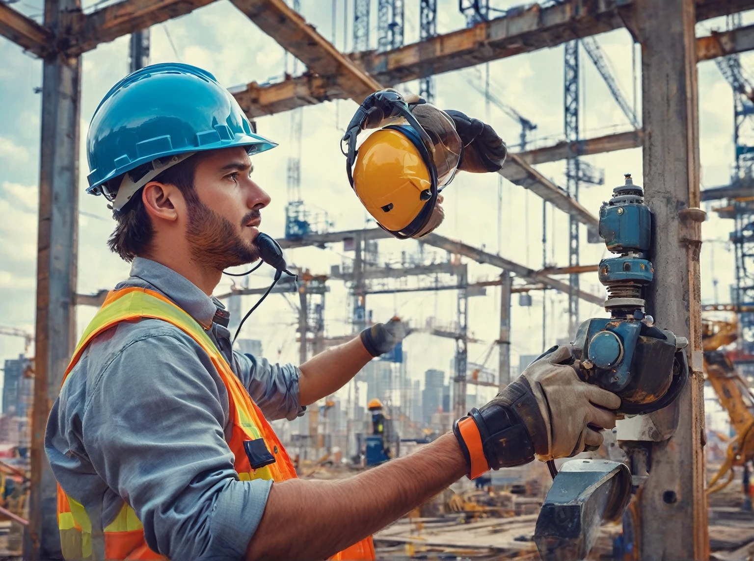 Create an image of a construction worker wearing an energy-converting helmet, powering tools through their movement. The background is a busy construction site with other workers using similar technology. The scene is bustling with activity and innovation