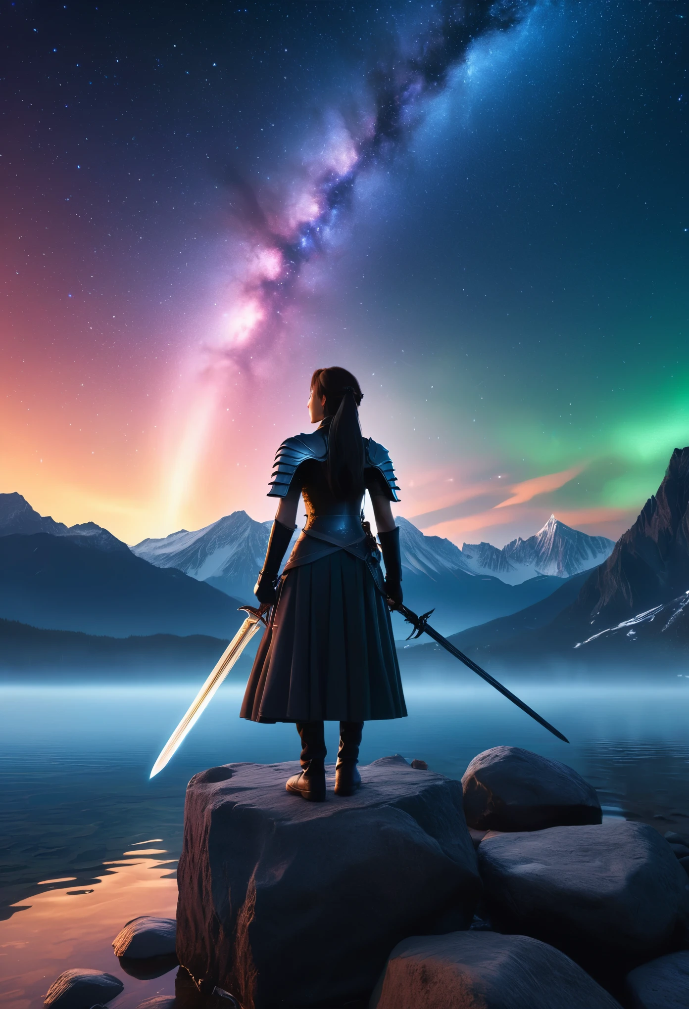 (8k, highest quality, masterpiece, final fantasy style: 1.2), (unrealistic, photorealistic: 1.37), (one mage lady standing on lake side, huge bouncing bust, Cover your whole body in light, with sword with fire, Her sword shines into the heavens:1.1), Dreamy landscape, Fantasy, Unsurreal landscapes, Super detailed, Flying medieval castle, Floating Island in the Sky, Seven-colored swirl of light, (流星のMr.に空を舞う光り輝く尾の長い小鳥:1.3), Aurora, Intense lightning, milky way, Complex Light, Mr.々Colored light, Large Lake, Starry sky reflected on the lake surface, Countless shining stars, Meteors, Many meteors, Aura of, (A pillar of light emanated from the ground:1,2), 複雑な文Mr.の魔法陣,