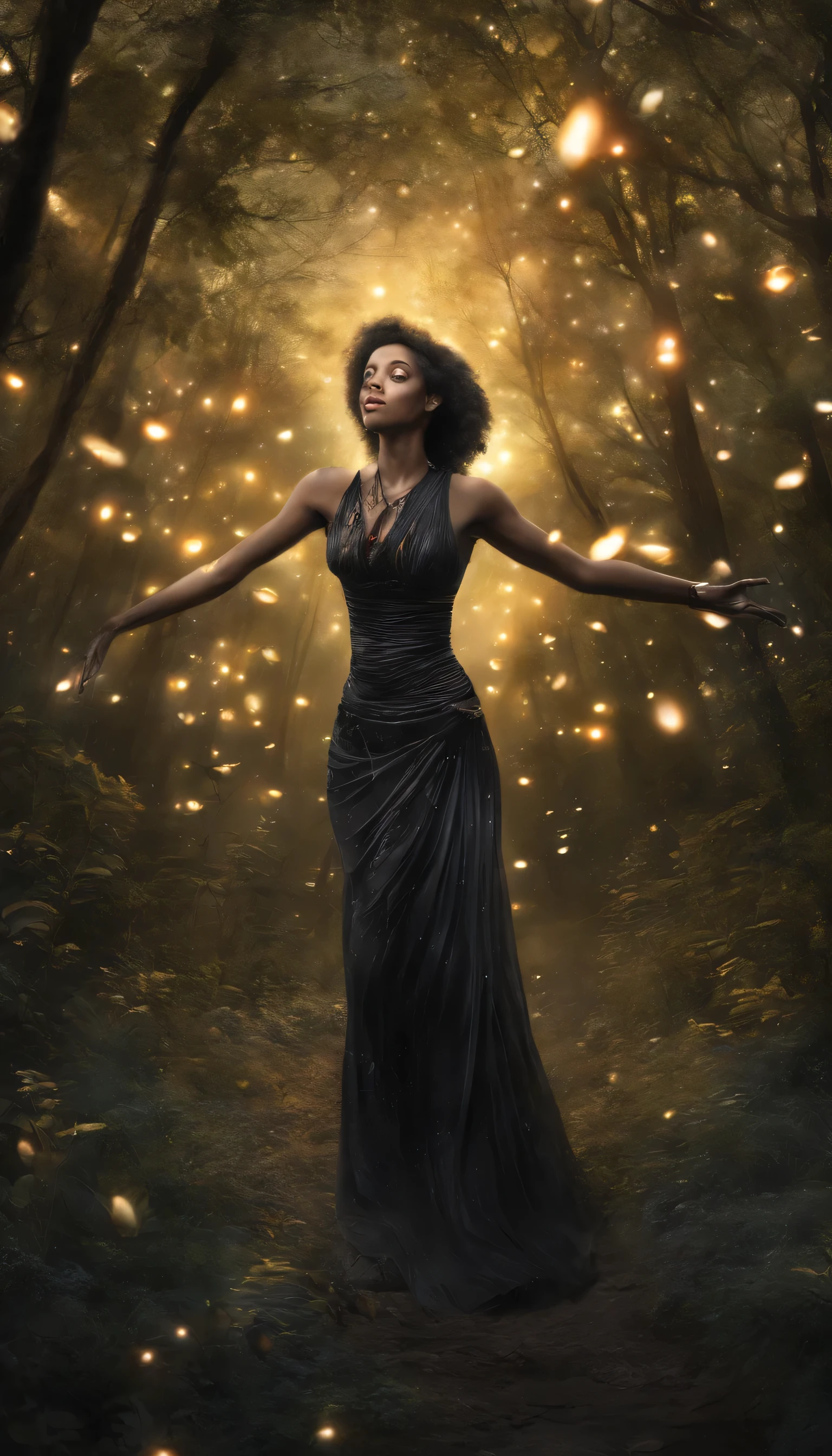 Alma de color negro, figura de mujer, bosque, fireflies, cielo estrellado