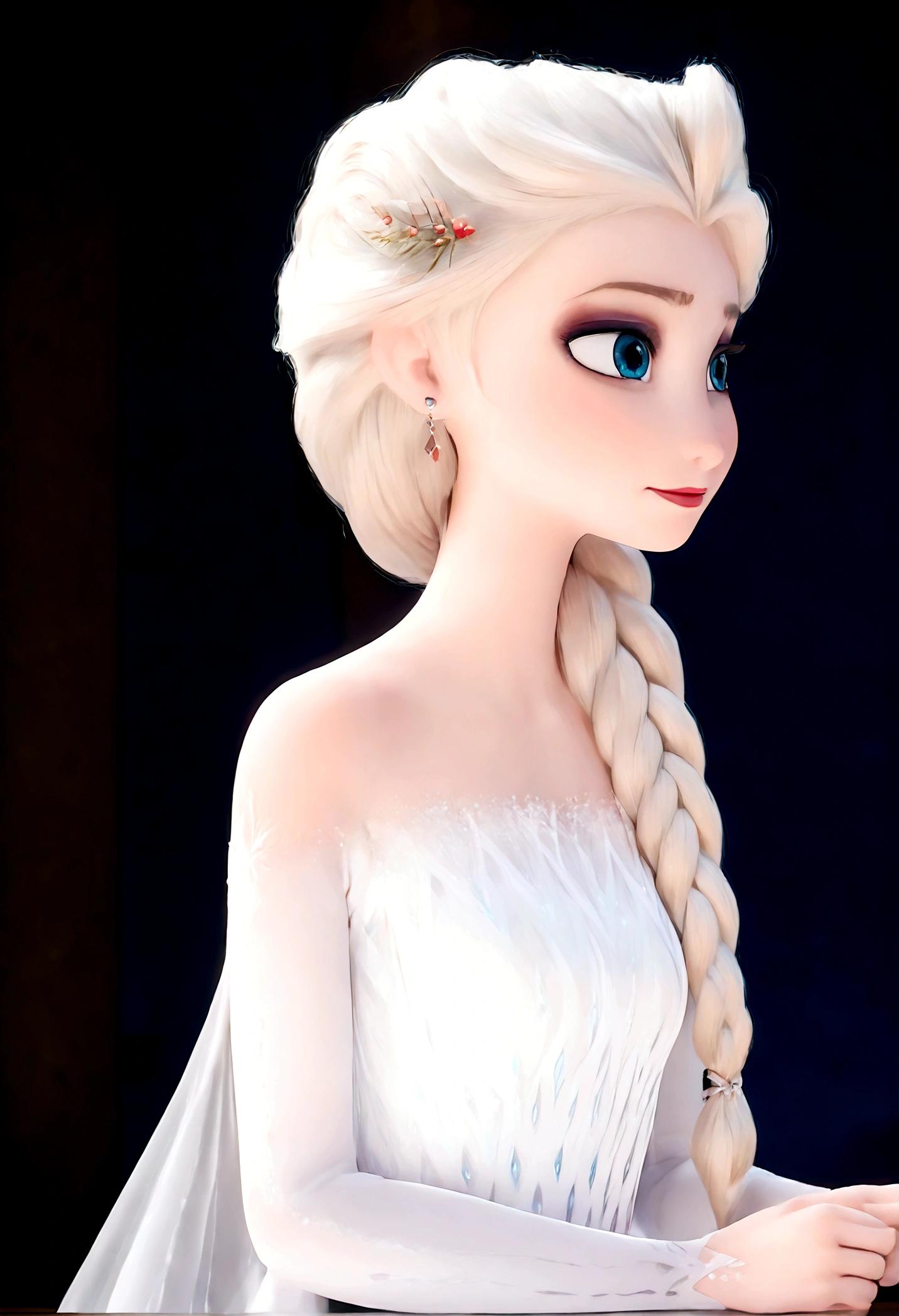 score_9, score_8_up, score_7_up, score_6_up, score_5_up, score_4_up, 1girl, elsa \(frozen\) in the corridor of the library, (toplesss), (single braid), smooth hair, Long earrings, Elsa's White Dress, upper body, long hair, worm light, solo, (braid over shoulder:0.7), shy, (blush:0.4), detailed skin, (Back View, from behind:1.4), looking back over shoulder, Arabian palace background, Frozen_elsa_textV1-PonyXL, absurdres, anime screenshot, source_anime, dramatic composition, cinematic dynamic action scene, vibrant colors, cinematic lighting, dramatic lighting, best quality, masterpiece, very aesthetic, perfect composition, intricate details, ultra-detailed