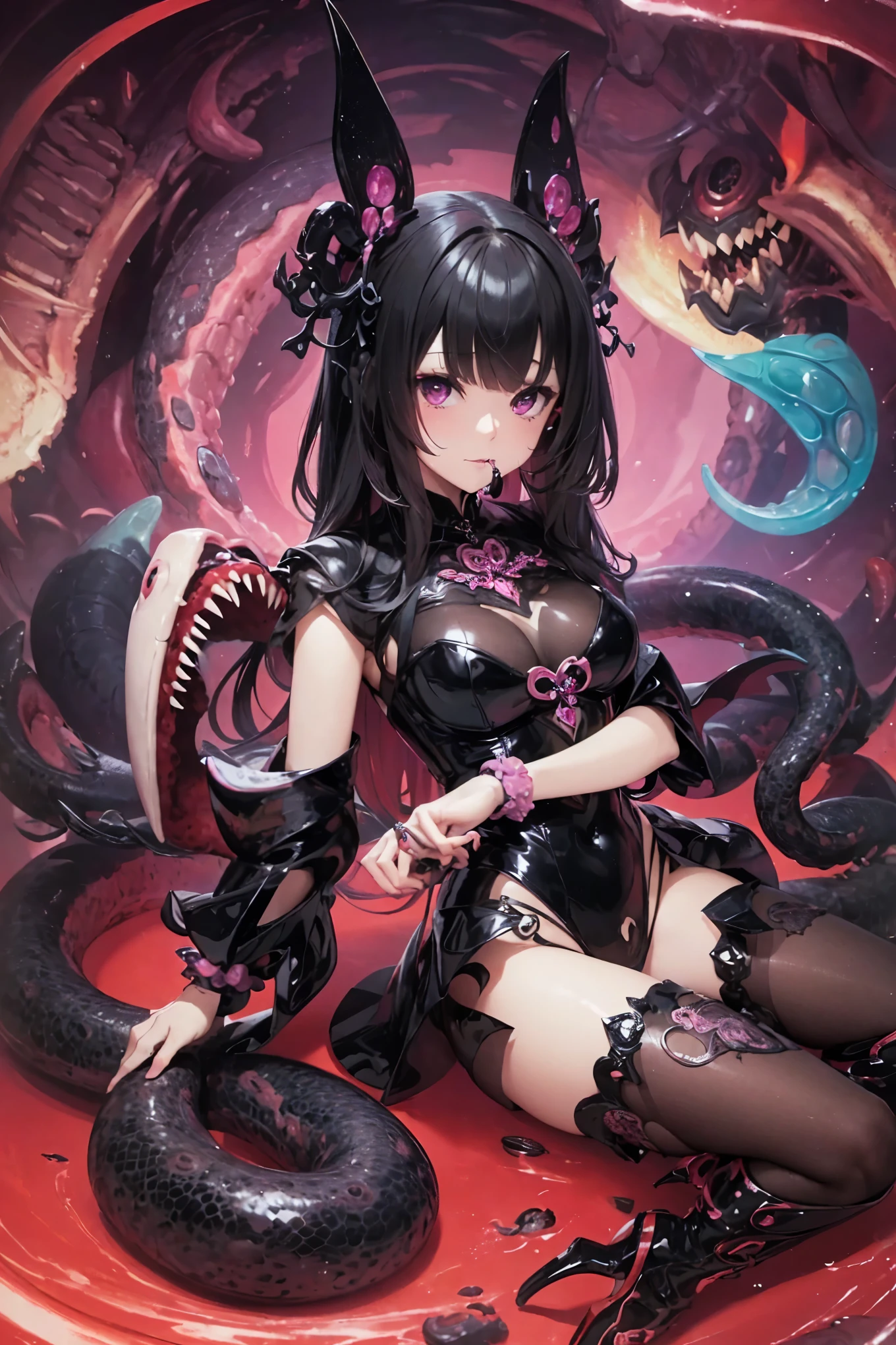 ((best quality)), ((highly detailed)), masterpiece, Succubus-style magical girl. Tentacles growing from her body. Tentacles with a mouth.