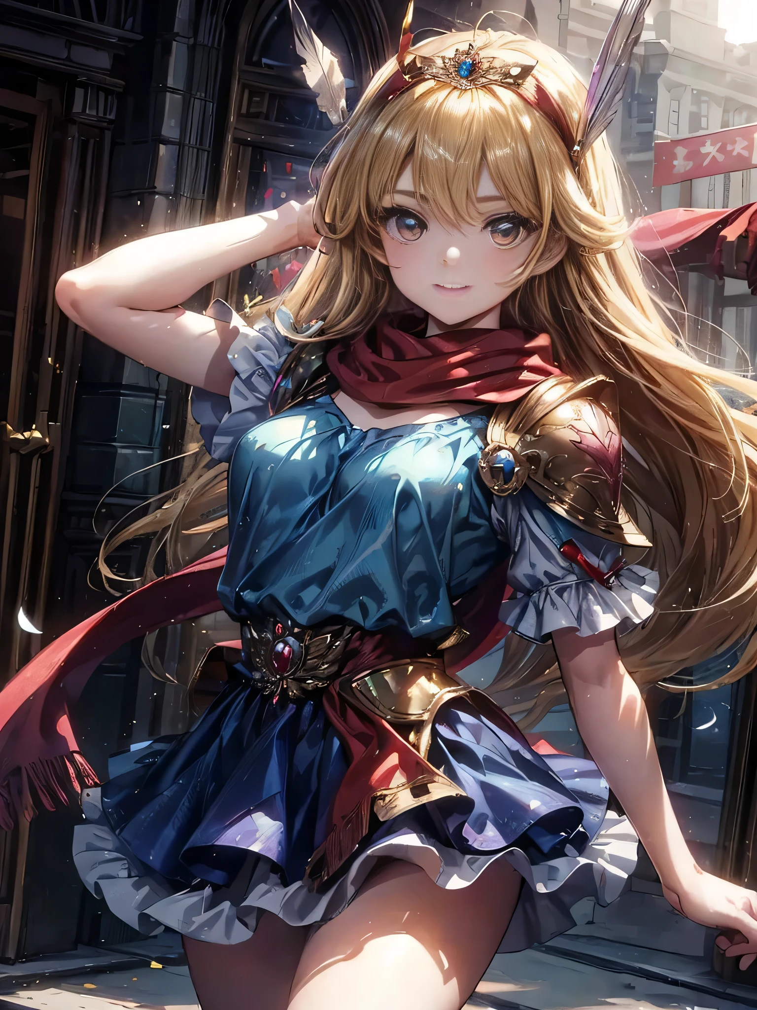 masterpiece、1 beautiful girl、fine eyes、smile,puffy eyes、highest quality, 超High resolution, (reality: 1.4), movie lighting、super beautiful、beautiful skin、body facing forward、Upper body,close up of face,(Ultra-realistic)、(High resolution)、(8k)、(very detailed)、(Beautiful and fine eyes)、(Super detailed)、 (wall-)、detailed face、bright lighting、professional lighting、looking at the viewer、look straight ahead、slanted bangs、perfect cosplay, highest quality,super detailed,1 girl,alone,magical princess,blonde hair,blue clothes,blue skirt,brown eyes,feather hair band,long hair,pauldron,boots,red scarf,tiara,white shoes, flower field background,prepare a bow