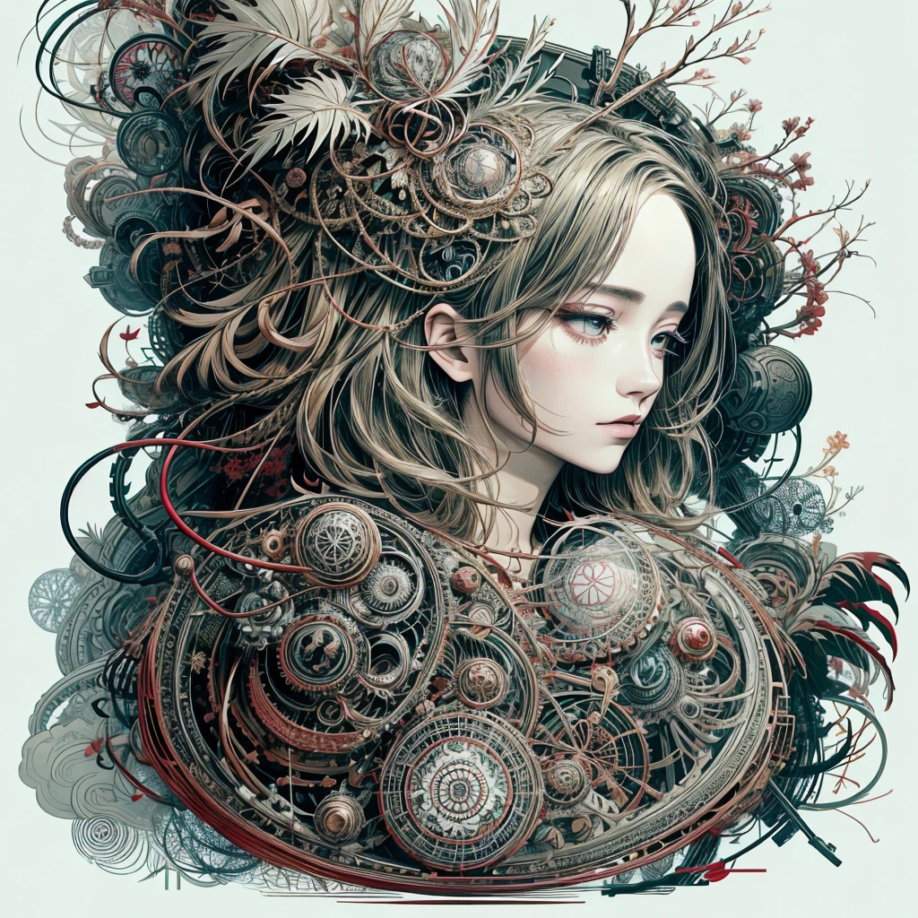 Official art, Unity 8k Wallpaper, ultra-detailliert, Beautiful and aesthetic, masutepiece, Best Quality, (Zentangle, mandalas, Tangle, Entangle), (Fractal Art:1.3) ,( 1girl in:1.4), Extremely detailed, Dynamic Angle, cowboyshot, Most Beautiful Form of Chaos, Elegant, a brutalist designed, vivd colour, romanticism, by james jean, roby dwi antono, by Ross Tran, Francis Bacon, michal mraz, Adrian Ghenny, petra cortright, Gerhard Richter, Takato Yamamoto, Ashley Wood, Atmospheric, ecstasy of musical notes, streaming musical notes visible,gear wheel