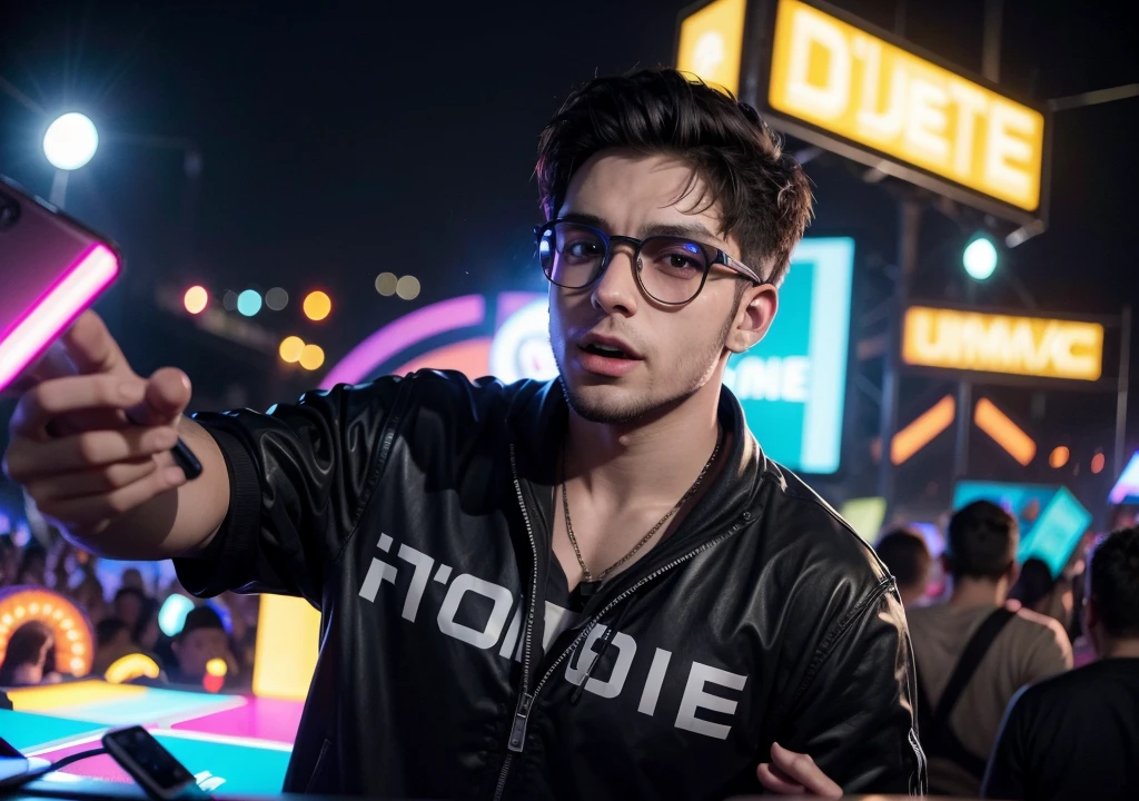 Homem, Dj de 28 anos, usando fone de ouvido grande, oculos grandes, colocando som em uma festa rave, ultrarealista