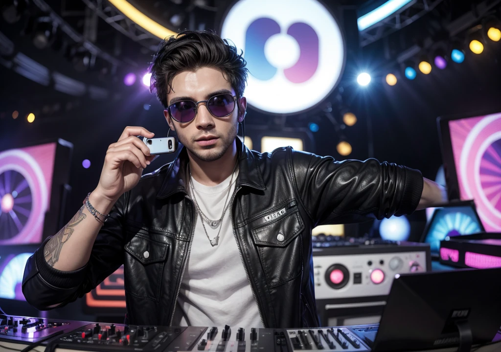 Homem, Dj de 28 anos, usando fone de ouvido grande, oculos grandes, colocando som em uma festa rave, ultrarealista