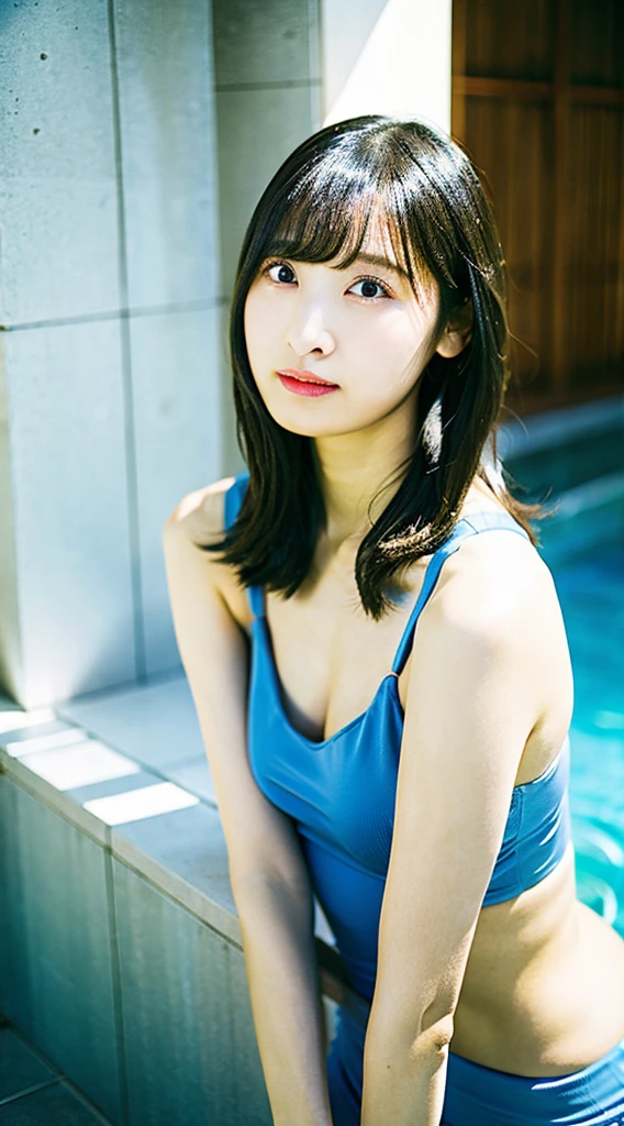 (highest quality、16K resolution)1 girl、Natural soft light、Japanese women、Swimwear、Concrete Background、Look forward、Female in her late teens、Light bangs、Salon model、Natural look、Portrait、Floated hair