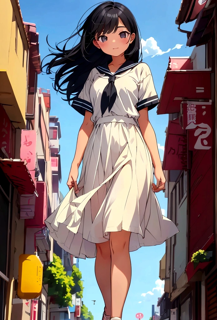 Cute black haired girl、Walking energetically through the city、boyish、Summer sky、Hair blowing in the wind、beautiful、