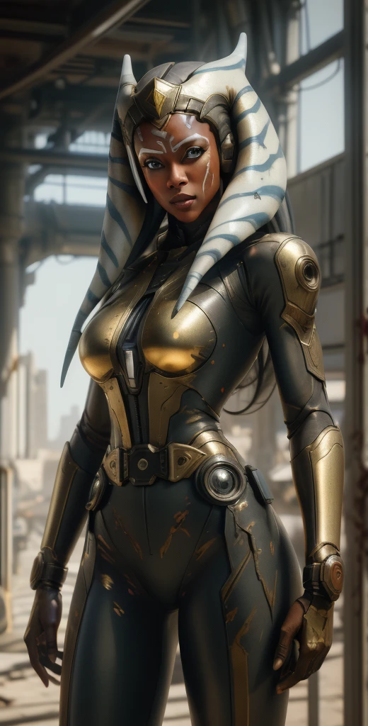 1 girl, solo, (look at viewer), ((Best quality)), ((masterpiece)), (detailed:1.4), ((upper body)), 3D, an image of a beautiful cyberpunk female,HDR (High Dynamic Range), Ray Tracing,NVIDIA RTX,Super-Resolution,Unreal 5,Subsurface scattering,PBR Texturing,Post-processing,Anisotropic Filtering,Depth-of-field,Maximum clarity and sharpness,Multi-layered textures,Albedo and Specular maps,Surface shading,Accurate simulation of light-material interaction,Perfect proportions,Octane Render,Two-tone lighting,Wide aperture,Low ISO,White balance,Rule of thirds,8K RAW, (((blood eyes))), , mechanical parts ahsoka, (dark skin:1.2), blood eyes, , medium breasts, bloodgold/black bodysuit, belt, (( bloodgold amor)) joints, body suit