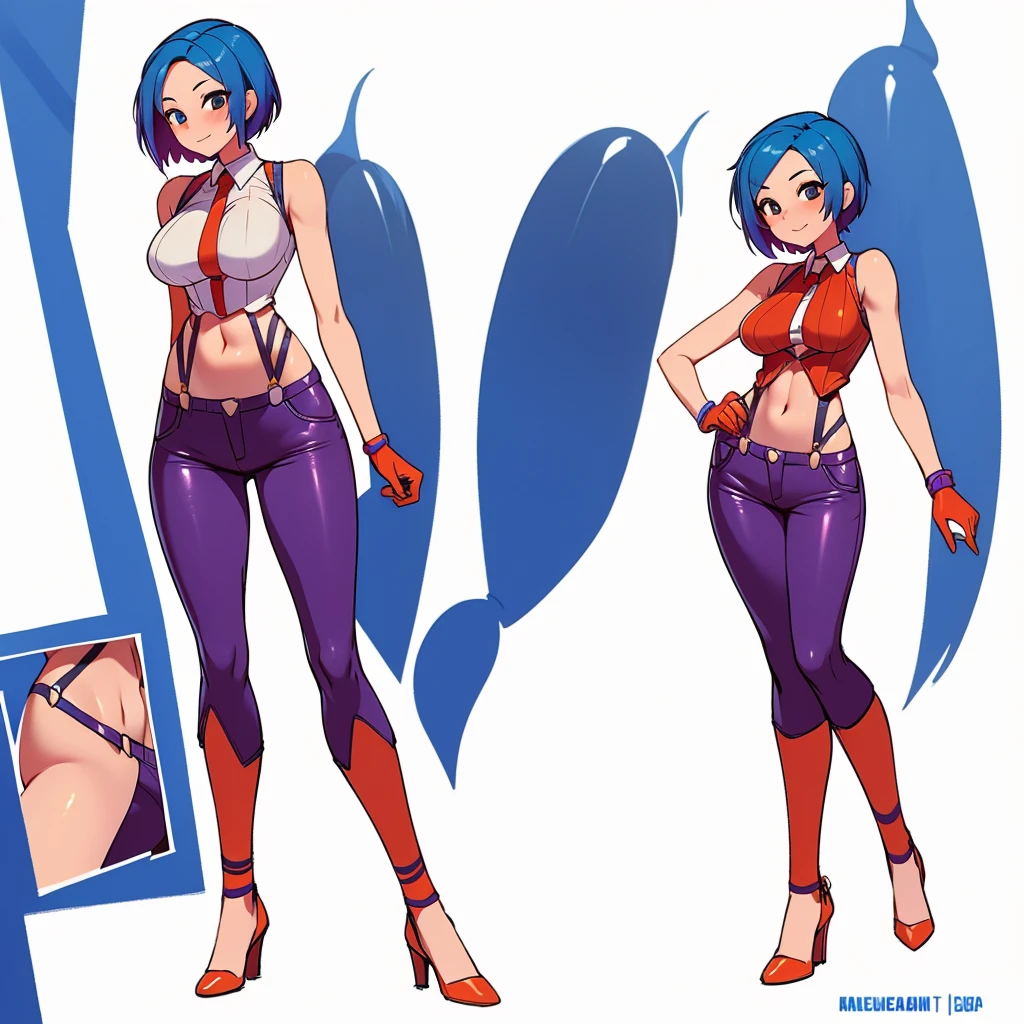 A tall sexy beautiful happy woman has short bright blue hair and orange eyes and wears a metallic purple corset bra, shows her navel and dark blue pants underneath and is wearing a red kitten heel.