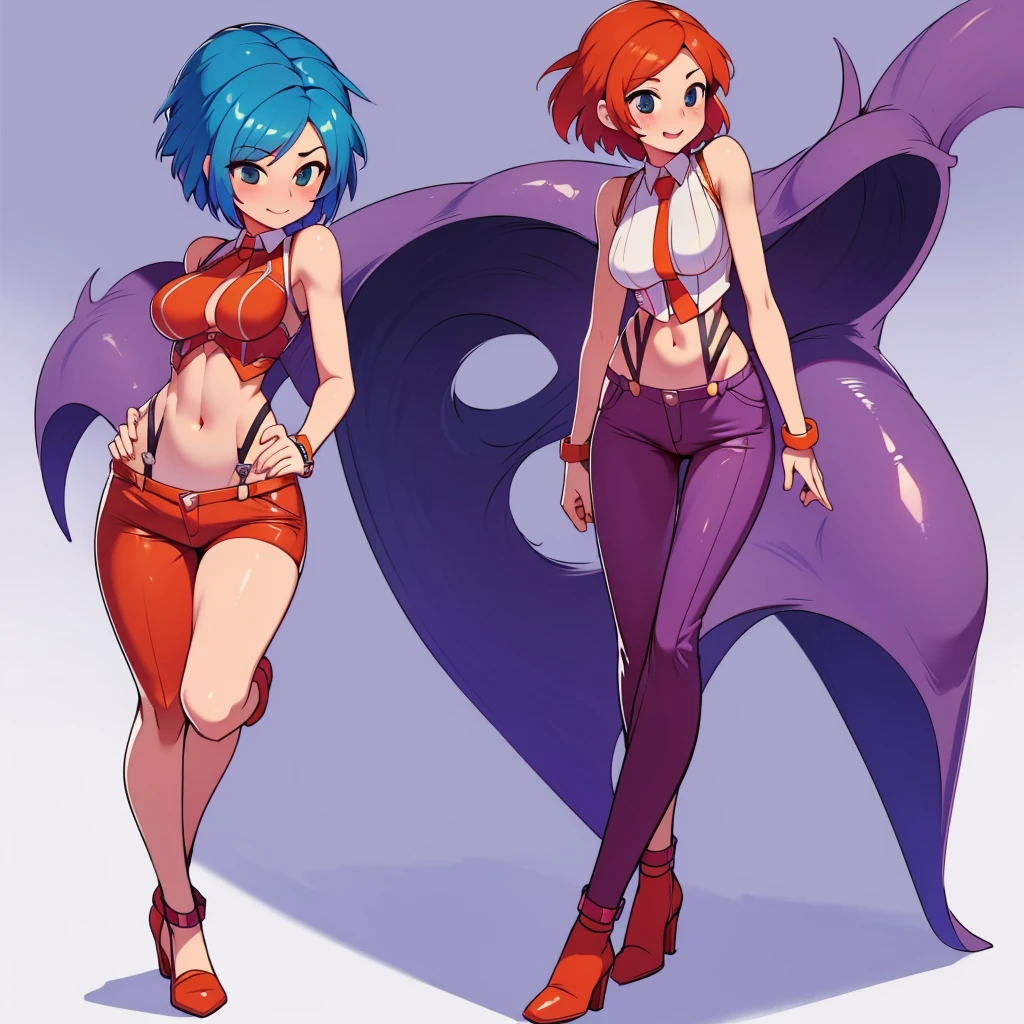 A closeup of a woman wearing red cat uniform with blue coat and some other poses, front side and back poses, cutesexyrobutts, woman with short black hair with light blue locks, eyes with bright blue and red tones with vampire iris, pale skin, vampire, pointed ears, muscular!,  fit body, gynoid body,sweaty body, perfect body, fit body, abdomen, large breasts, chubby butt, prancing ass, prancing butt, full body concept art, detailed full body concept art, Cushart Krenz Key Women's Art, Masamune Shirow style, Yusuke Murata style, Ilya Kuvshinov, Oppai proportions, official character art, uniform, full body concept,   (best quality, masterpiece) a cute chibi girl,