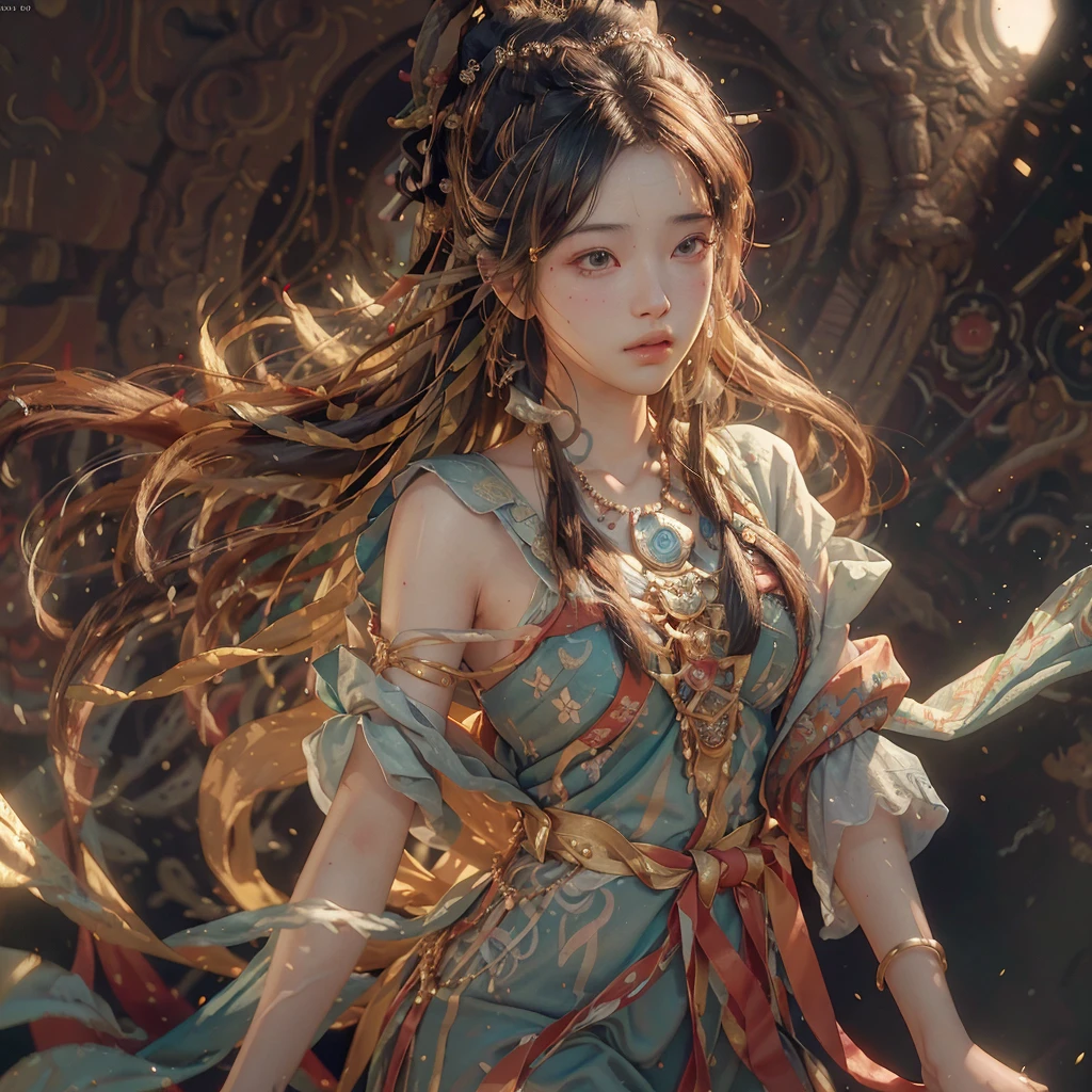 (RAW photo, best quality), (realistic, photo-realistic:1.3),best quality,highly detailed,masterpiece,ultra-detailed,illustration,1girl,upper_body,dynamic angle,world masterpiece theater,messy_long_hair,best quality,extremely detailed CG unity 8k wallpaper,ink,Amazing,cinematic lighting,lens_flare, dunhuang_style