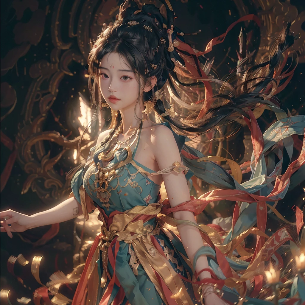 (RAW photo, best quality), (realistic, photo-realistic:1.3),best quality,highly detailed,masterpiece,ultra-detailed,illustration,1girl,upper_body,dynamic angle,world masterpiece theater,messy_long_hair,best quality,extremely detailed CG unity 8k wallpaper,ink,Amazing,cinematic lighting,lens_flare, dunhuang_style