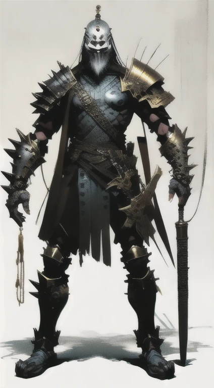 1man, old man, perfect proportions, anatomically correct, (head to toe: 2.0), (full body image: 2.0), solo, extremely stylized, deviant art, masterpiece, highly detailed, detailed eyes, expressive detailed eyes, detailed pupils, futuristic, ((wearing an armored helmet)), ((holding a spiked flail)), (cybernetic arms:1.4), big boots, entire body image, full body shot, nvinkpunk, professional photograph of alexander_skarsgard, tassles, large beads, (large tassels), cyberpunk, inkpunk, paint platter, ink splatter, (action pose:1.0), ((chainmail shirt)), old warrior, long beard, ((armor shoulders))