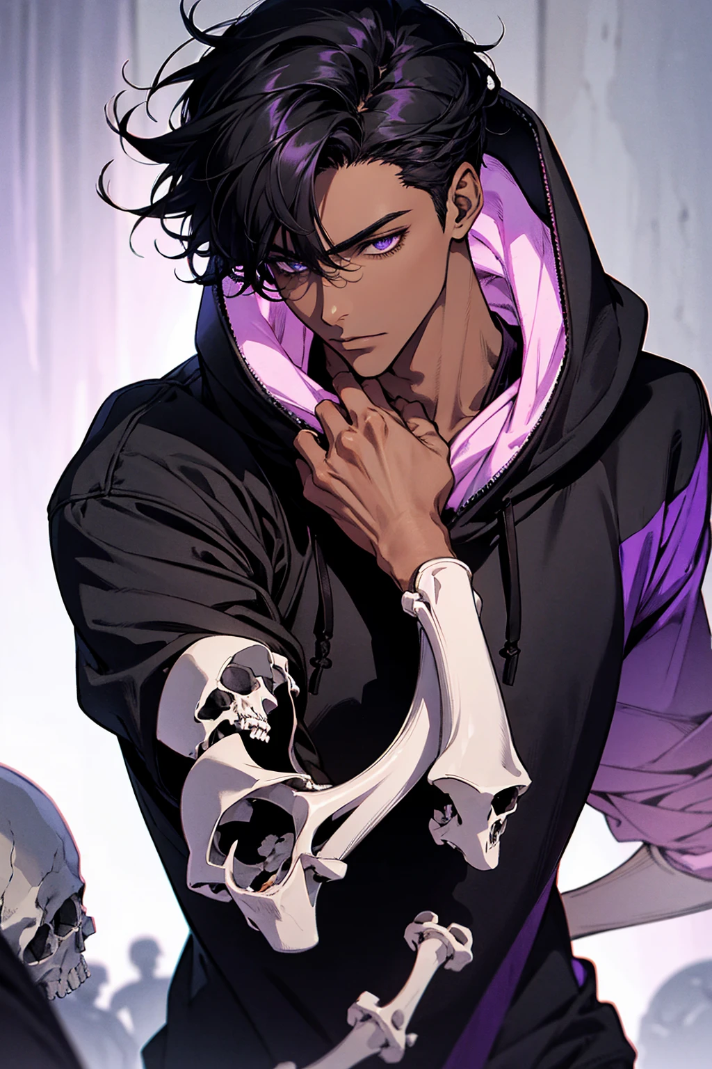 male with bones, looking away from camera, skulls, bones, handsome, black, dark skin, tall, broad shoulders, black hair, purple, purple fire, magic, detailed face, fantasy, hoodie
