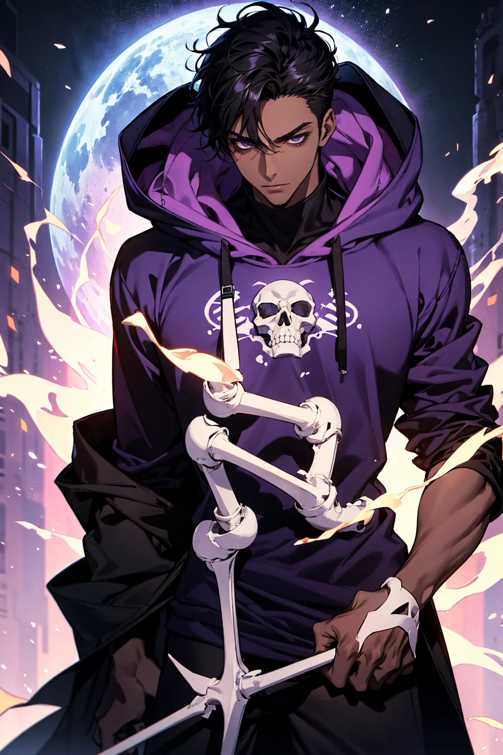 male with bones, looking away from camera, skulls, bones, handsome, black, dark skin, tall, broad shoulders, black hair, purple, purple fire, magic, detailed face, fantasy, hoodie
