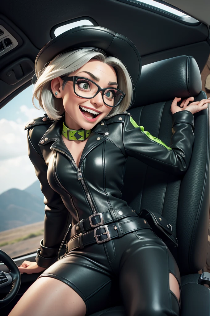 obra prima, melhor qualidade, (kat timpf 70yo face wrinkles) head back, sassy wicked girl, big toothy smile, open mouth, short silver emo hair, black plastic glasses, leather biker jacket, leather chaps with fringe, leather cowboy hat, nipples, (shiny lime green leather,) studs zippers snaps, shiny leather gloves, body is skinny, reclining in car seat, arched back, hips twisted, stick shift, overhead camera view, looking down at me, shallow depth of field, highres, HD, 8k, anatomically correct