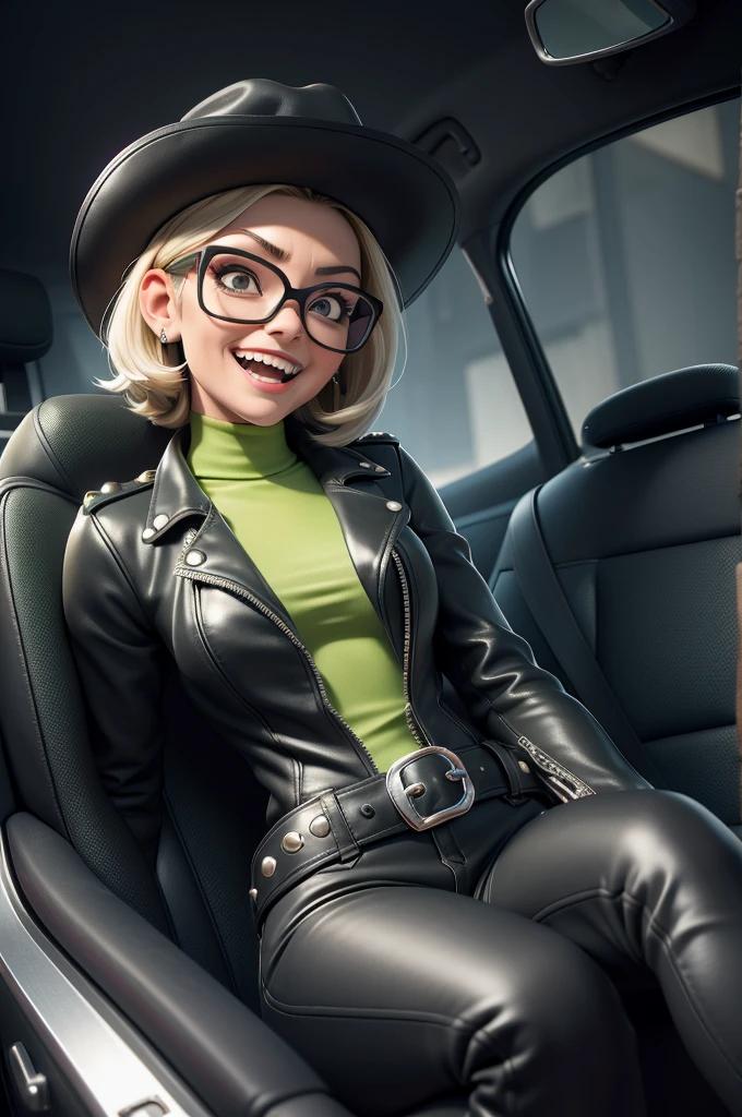 obra prima, melhor qualidade, (kat timpf 70yo face wrinkles) head back, sassy wicked girl, big toothy smile, open mouth, short silver emo hair, black plastic glasses, leather biker jacket, leather chaps with fringe, leather cowboy hat, nipples, (shiny lime green leather,) studs zippers snaps, shiny leather gloves, body is skinny, reclining in car seat, arched back, hips twisted, stick shift, overhead camera view, looking down at me, shallow depth of field, highres, HD, 8k, anatomically correct