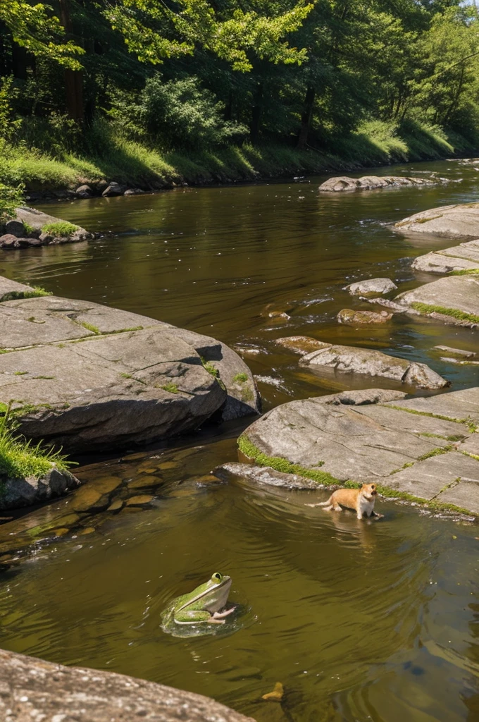 A dog in the river and a frog